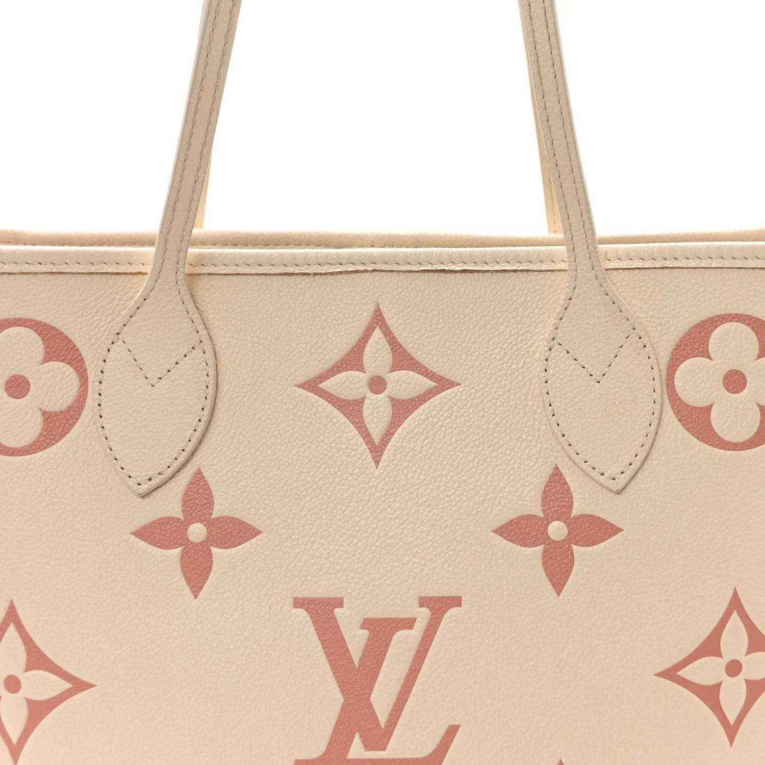 Louis Vuitton Neverfull MM tote bag front close-up with rose monogram flowers and LV