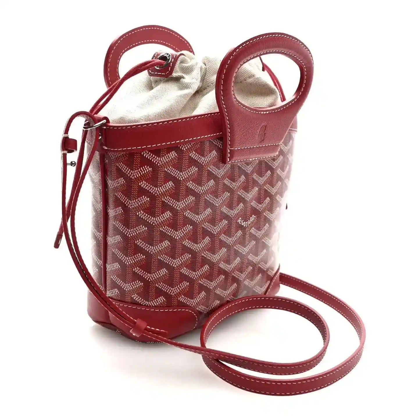 Red mini handbag with Goyardine pattern, crossbody strap, open top and handle loop