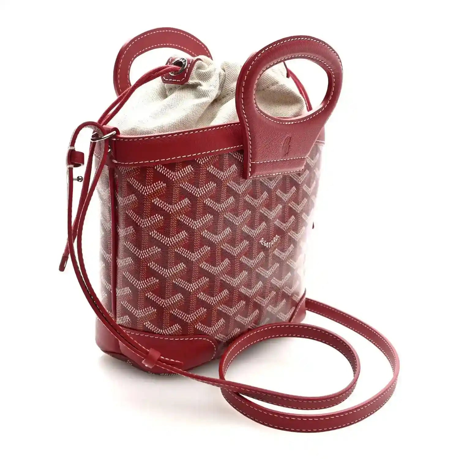 Red mini handbag with Goyardine pattern, crossbody strap, open top and handle loop