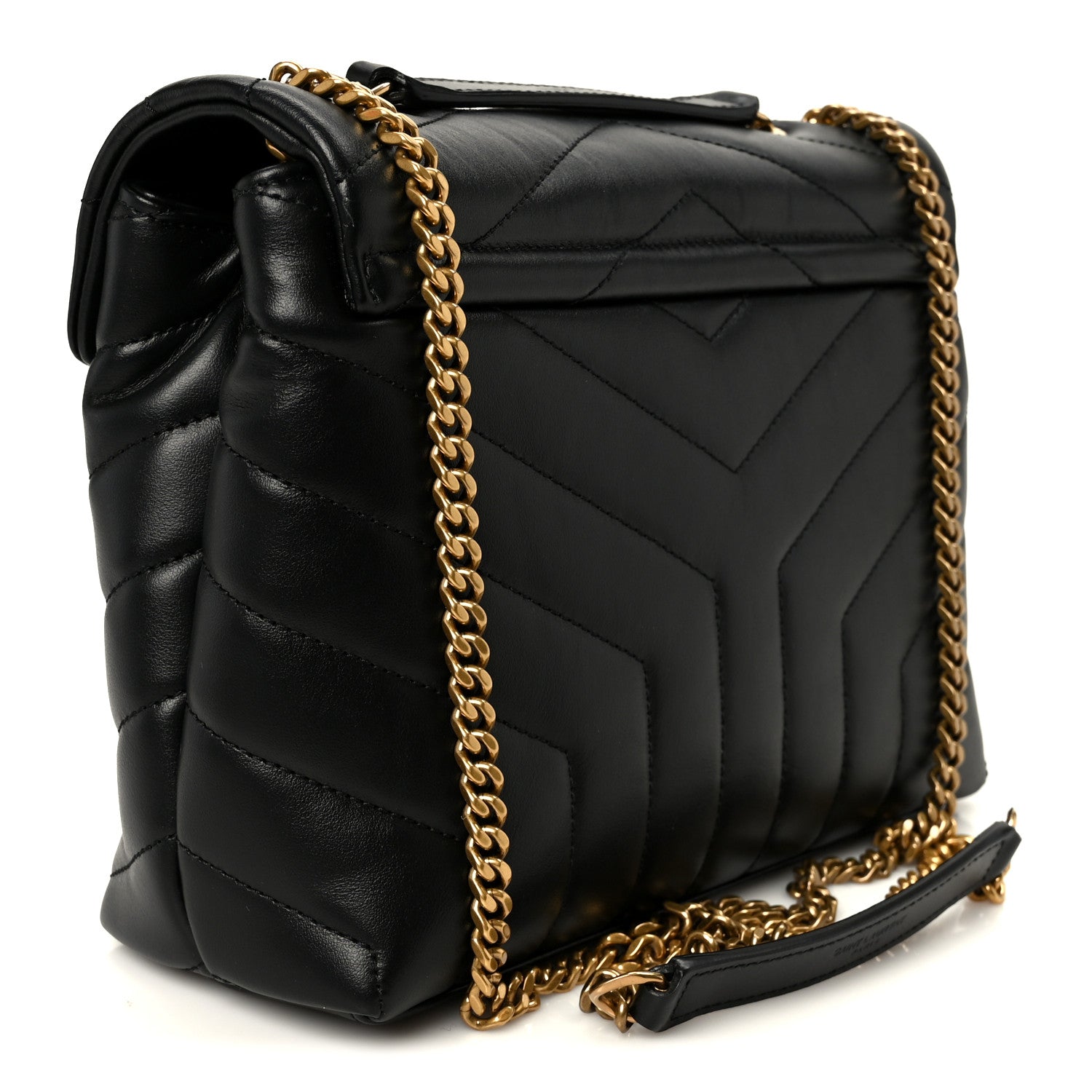 Black quilted leather chain satchel with gold chain shoulder strap and flap closure.