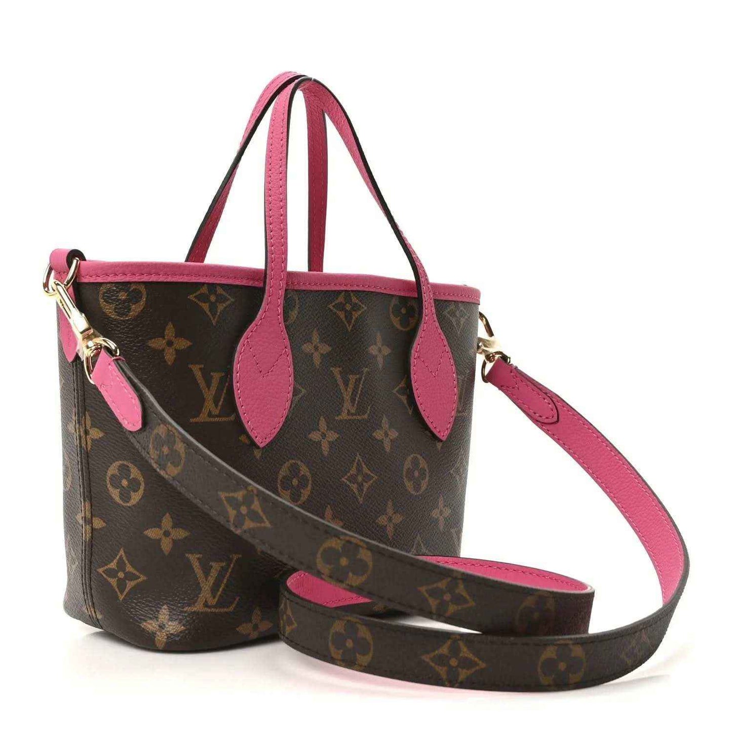 Louis Vuitton monogram tote bag with pink crossbody strap and leather top handles