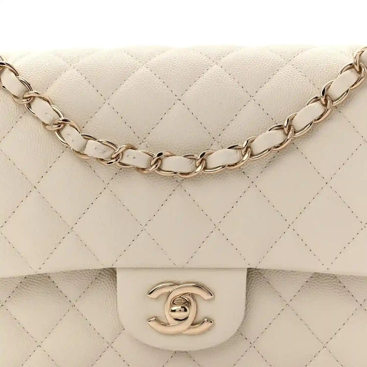 White quilted caviar leather flap bag with chain strap and CC turn-lock