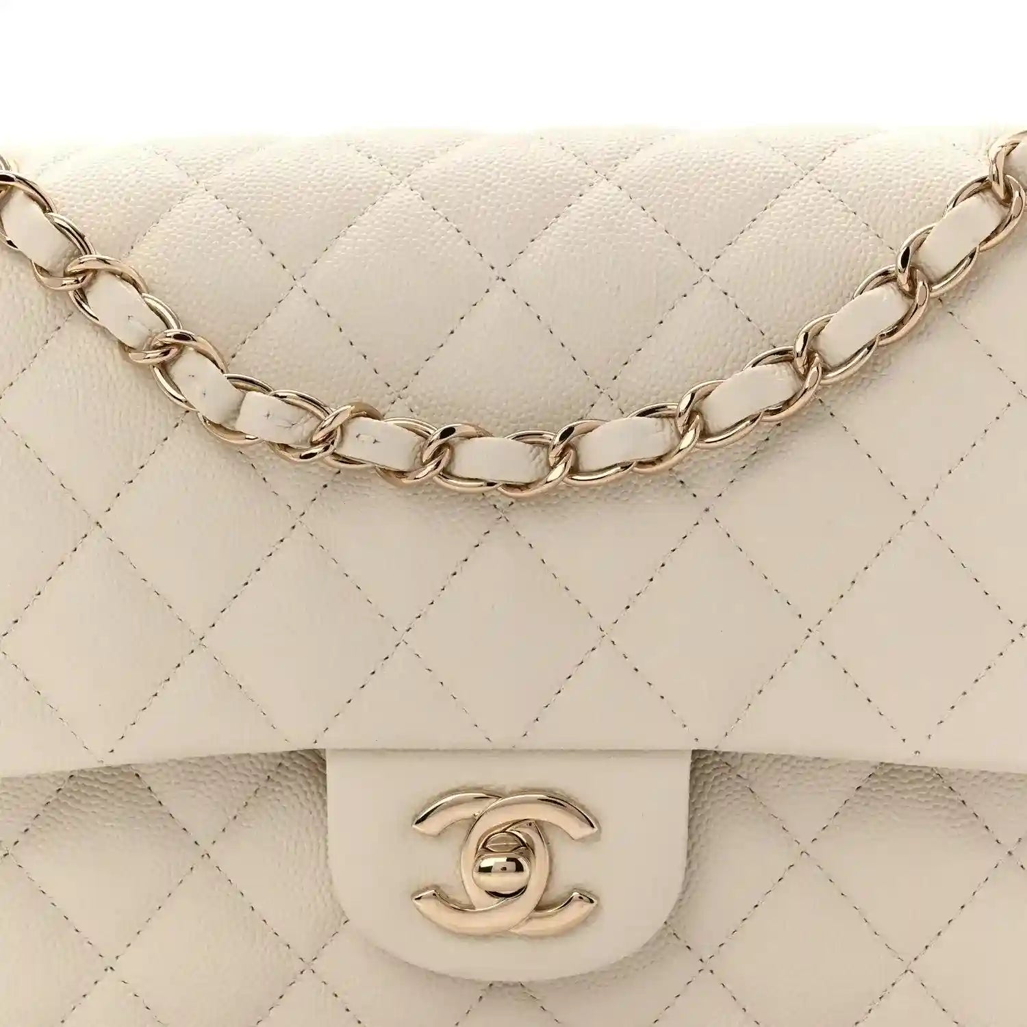 White quilted caviar leather flap bag with chain strap and CC turn-lock