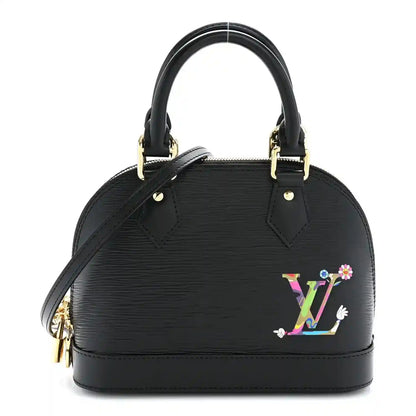 Black Alma BB handbag with top handles, gold hardware, and multicolor LV design