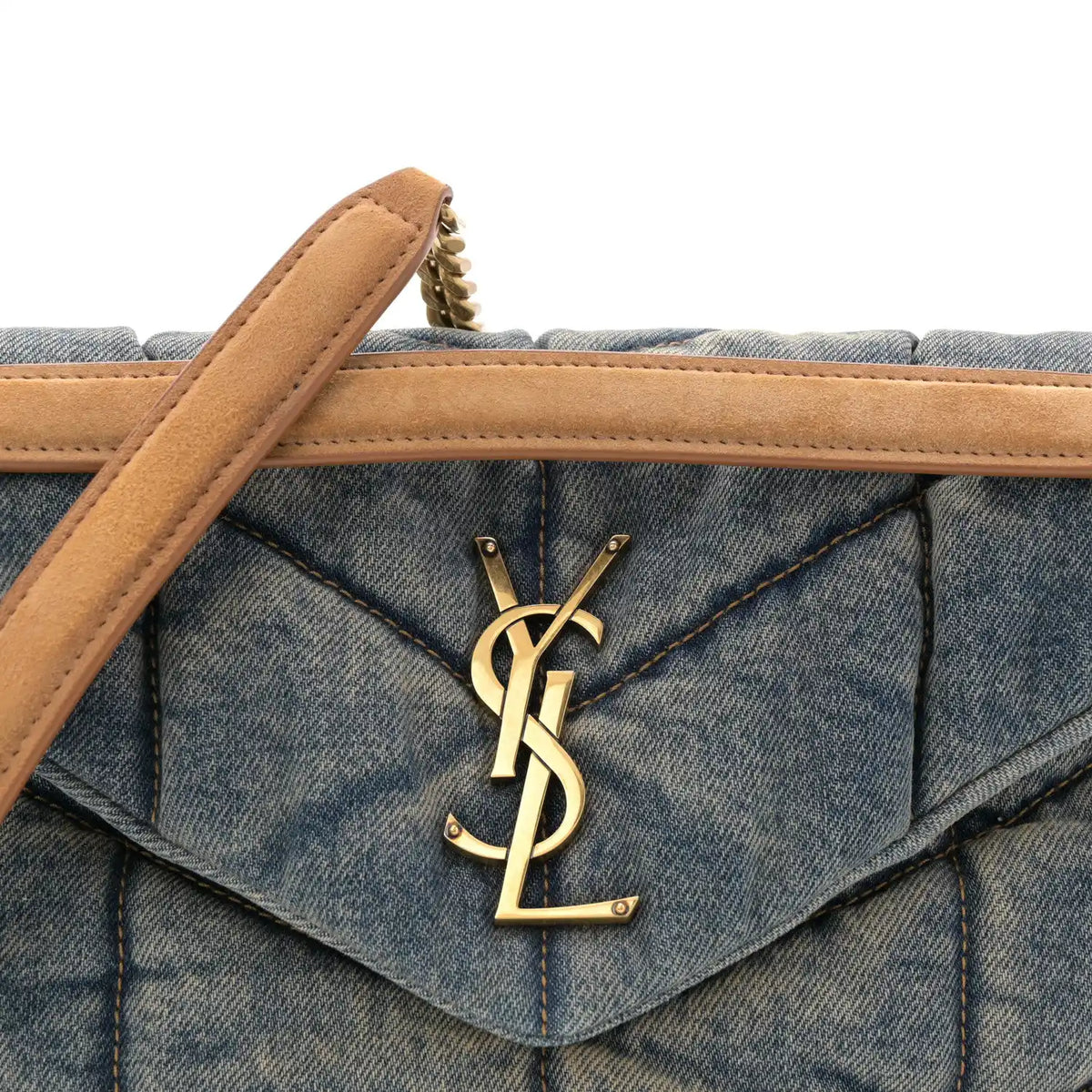 Denim quilted puffer satchel flap with gold YSL logo and tan leather strap