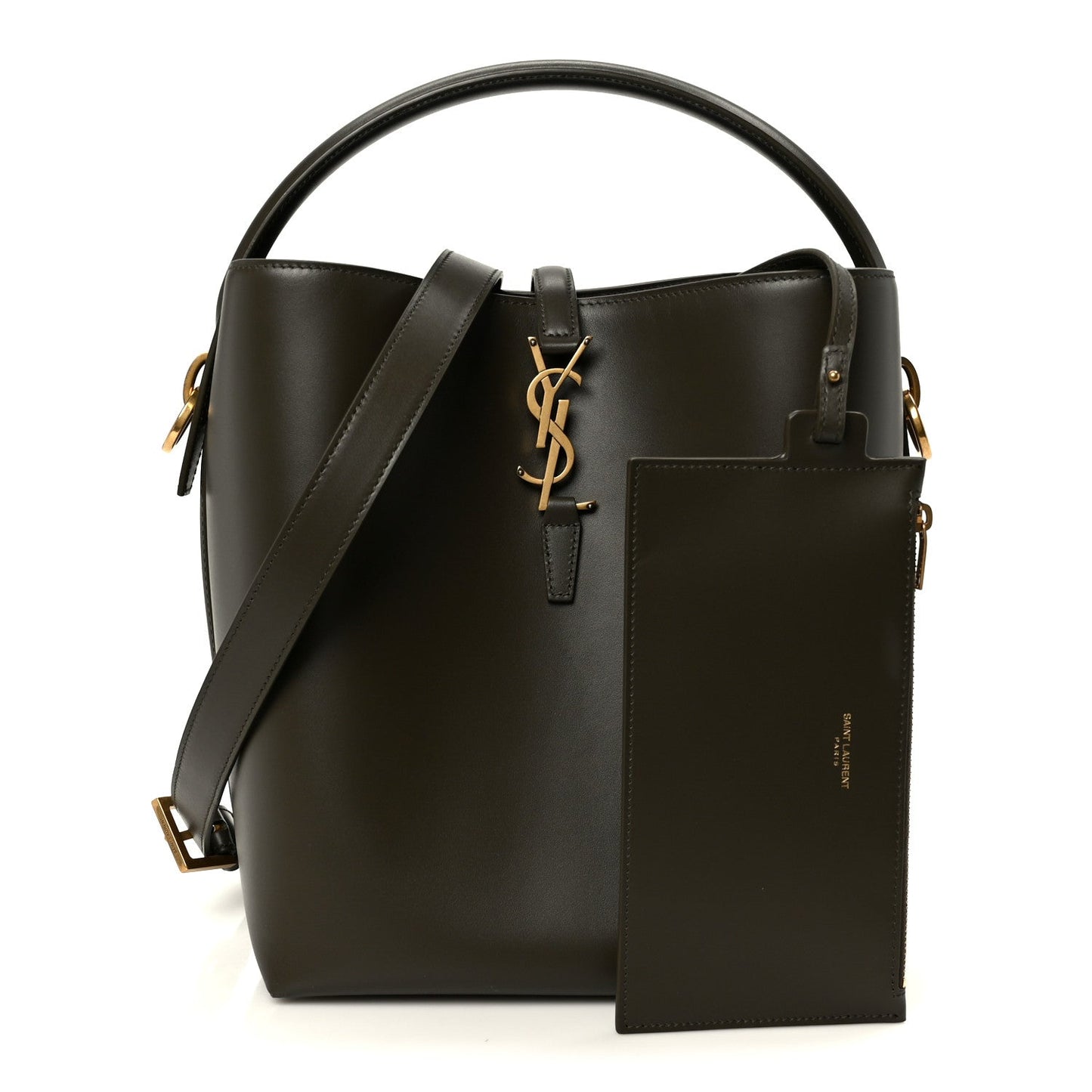 Shiny bucket bag with front pocket pouch, YSL charm, dark leather and gold hardware.