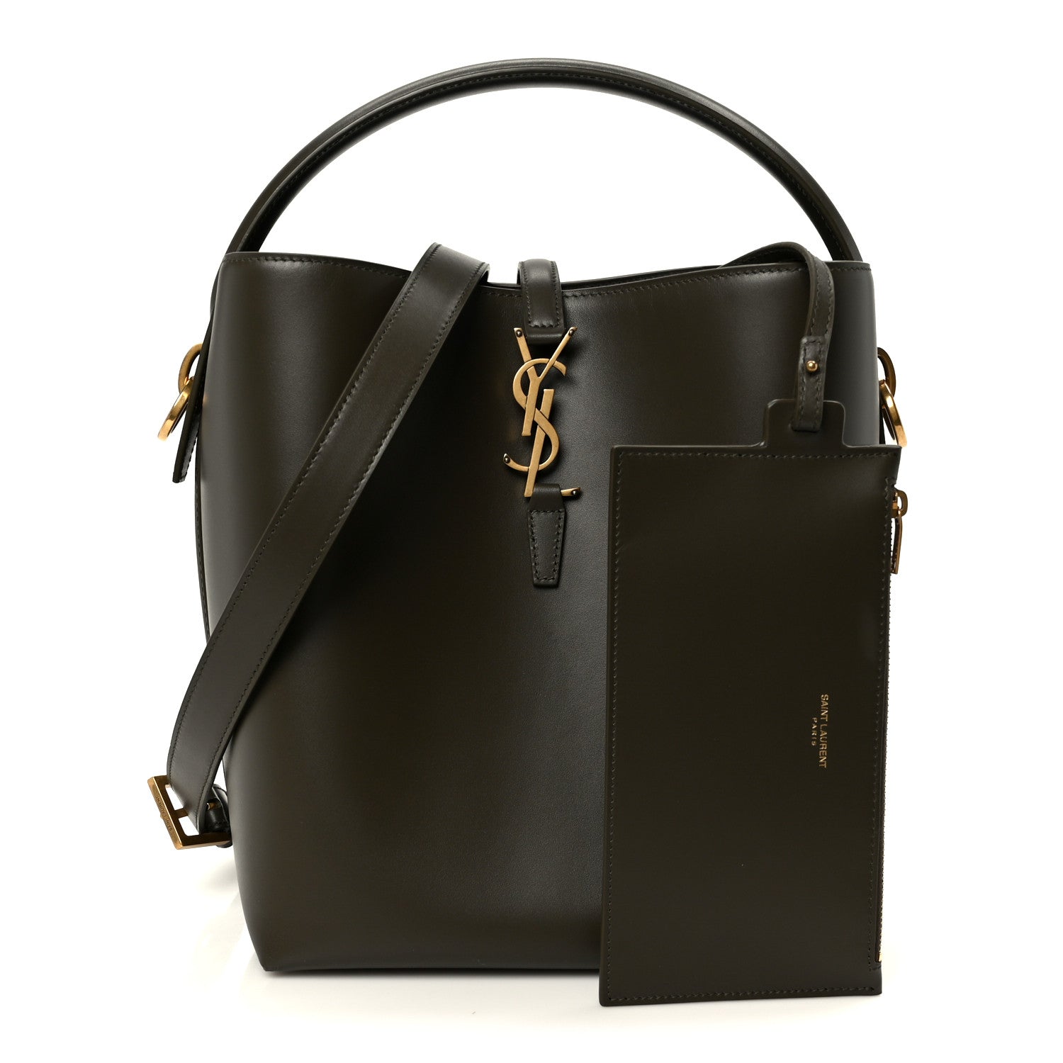 Shiny bucket bag with front pocket pouch, YSL charm, dark leather and gold hardware.