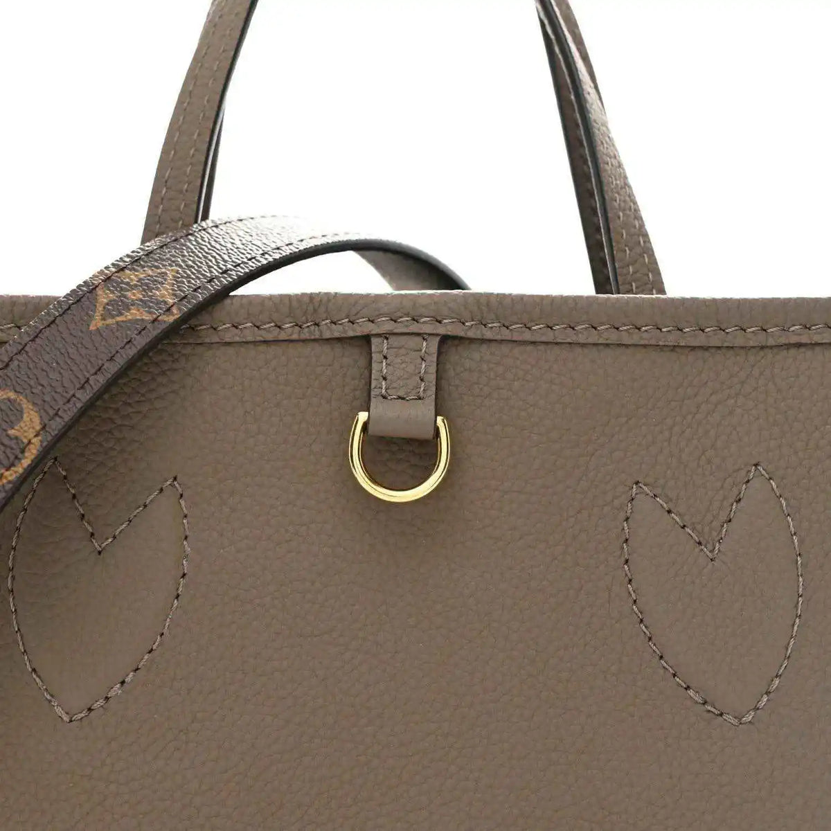 Gray leather top section with gold-tone O-ring and stitched heart motif detail