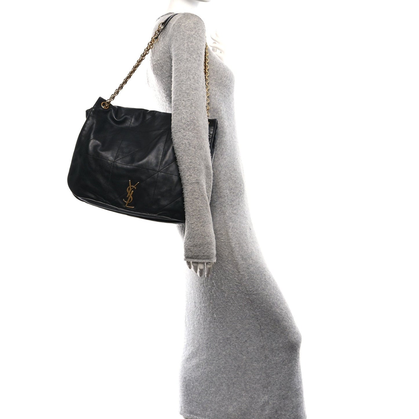 Saint Laurent shoulder bag in black lambskin with gold chain strap and monogram detail