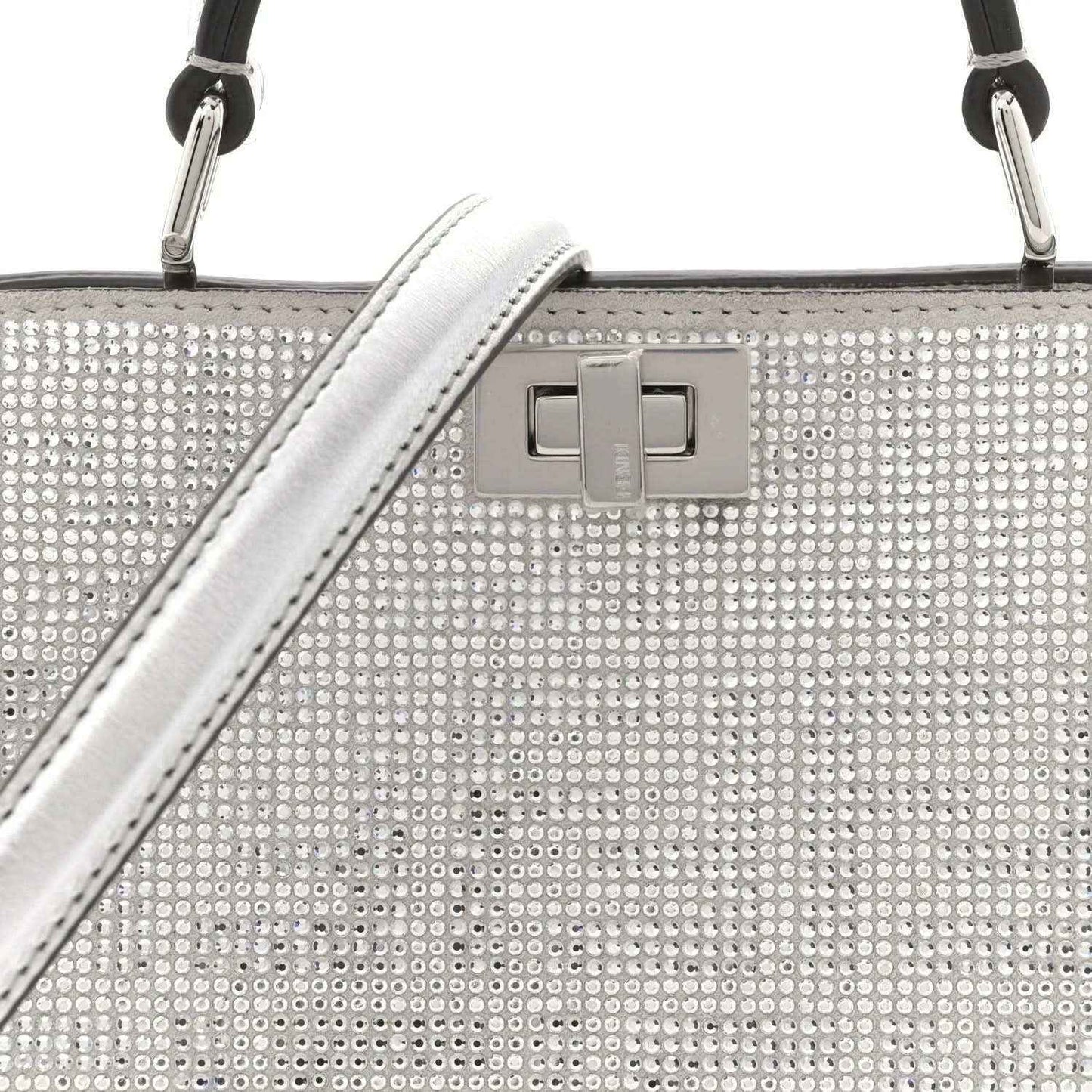 Silver crystal satchel front with square clasp and top handle hardware