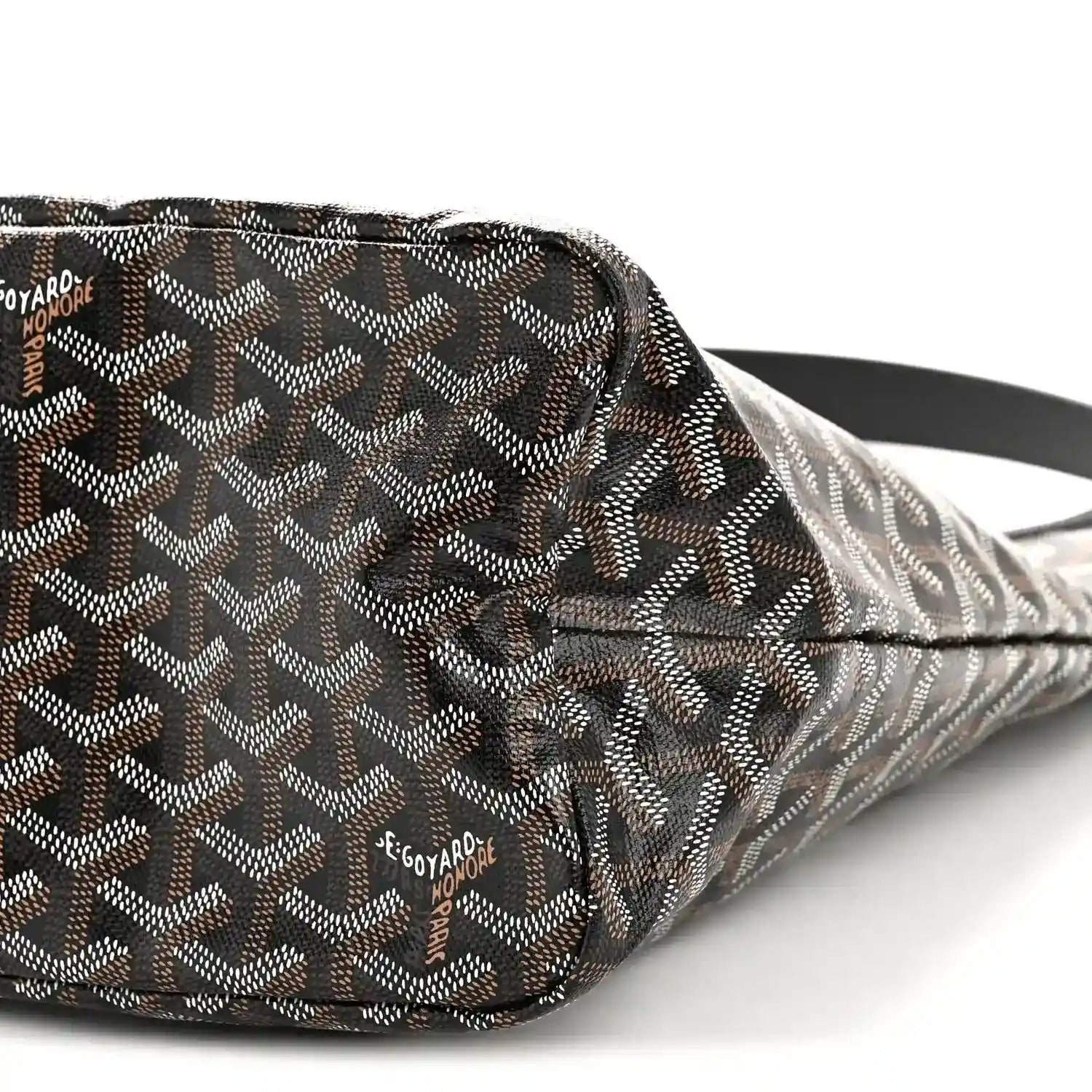 Goyard hobo bag side close-up with repeating monogram pattern and black leather trim
