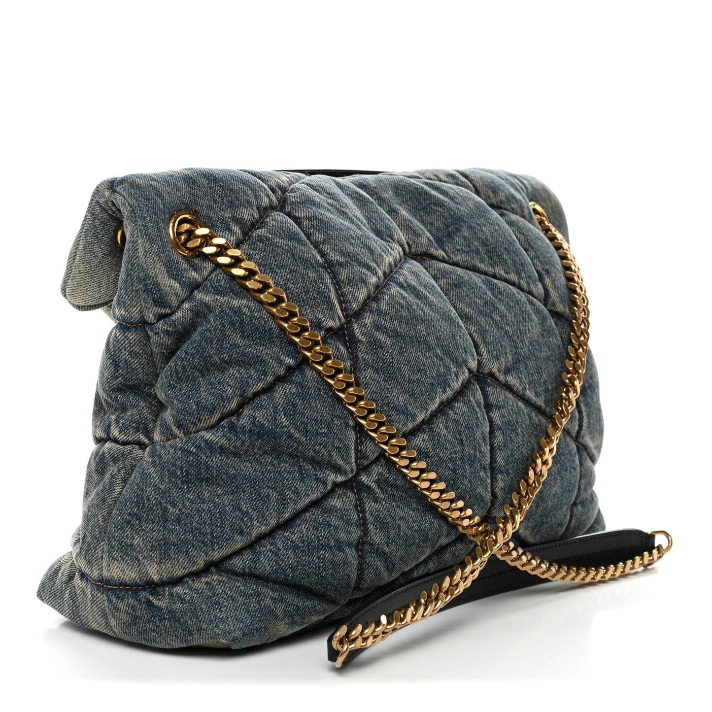 Denim puffer satchel with front flap and gold chain crossbody strap