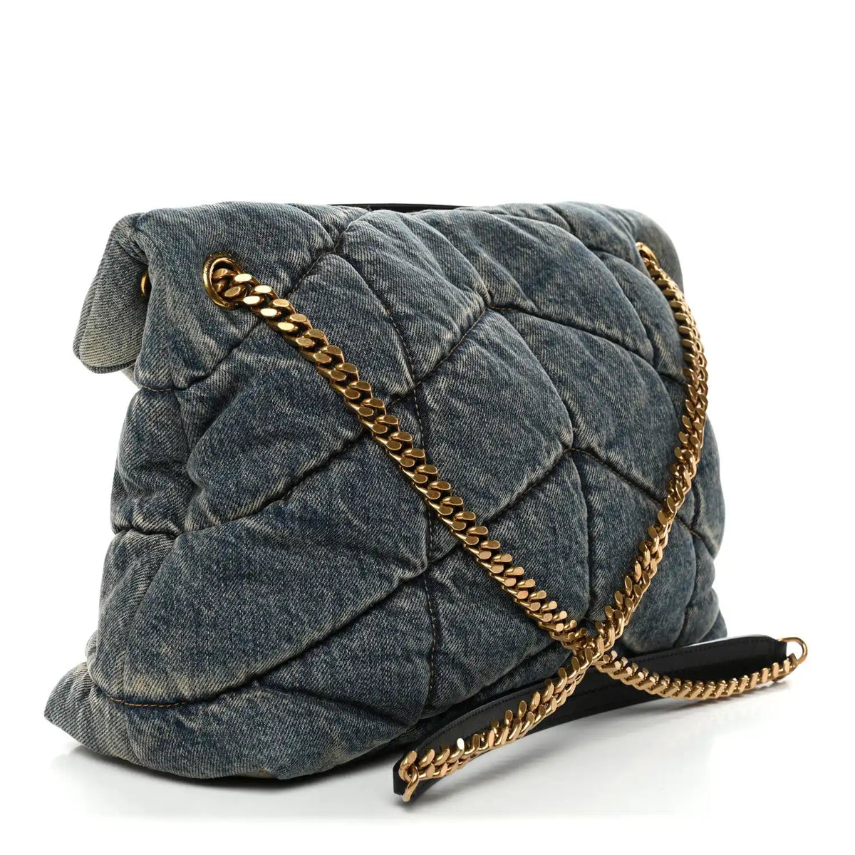 Denim puffer satchel with front flap and gold chain crossbody strap