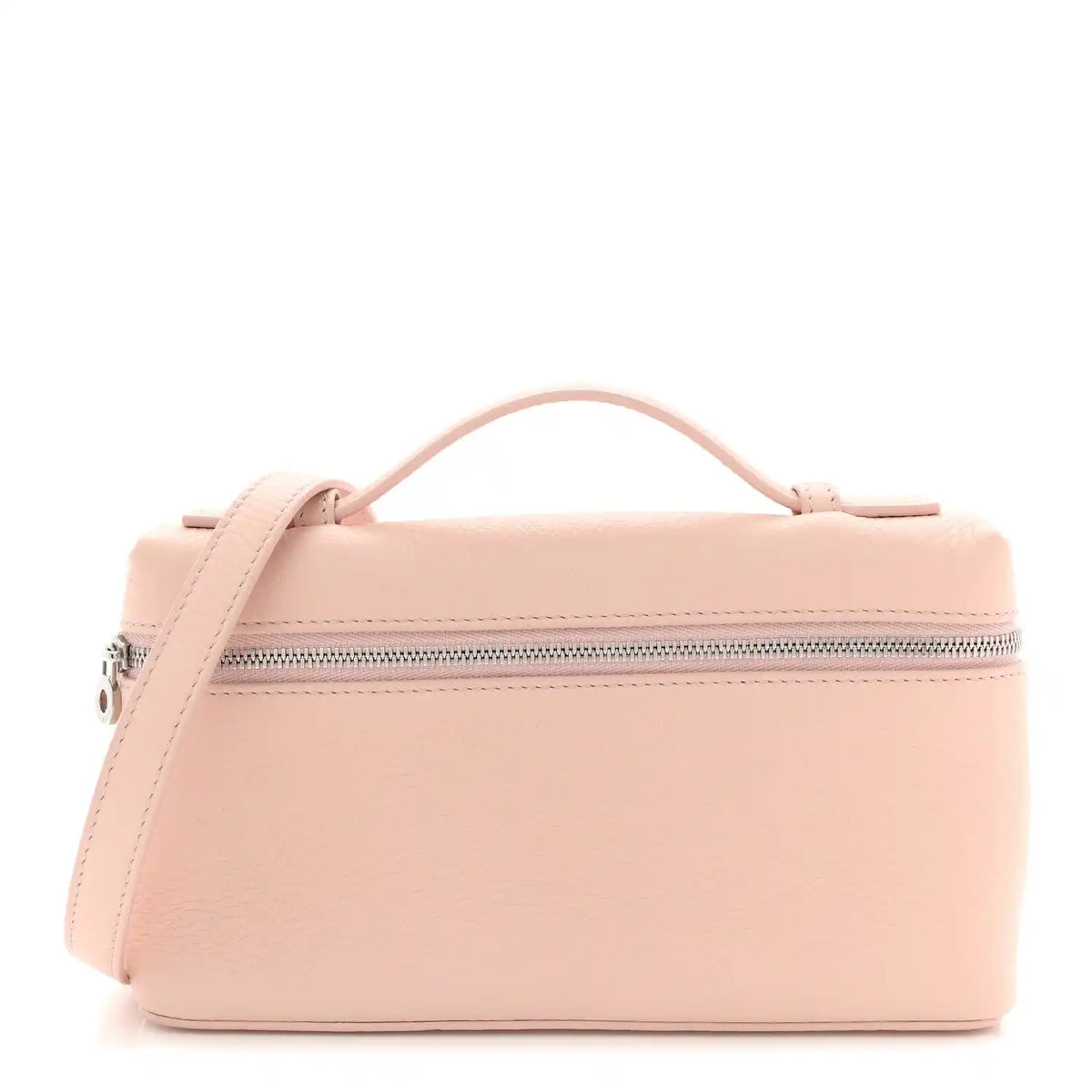 Light pink grained leather pouch with top handle and front zipper