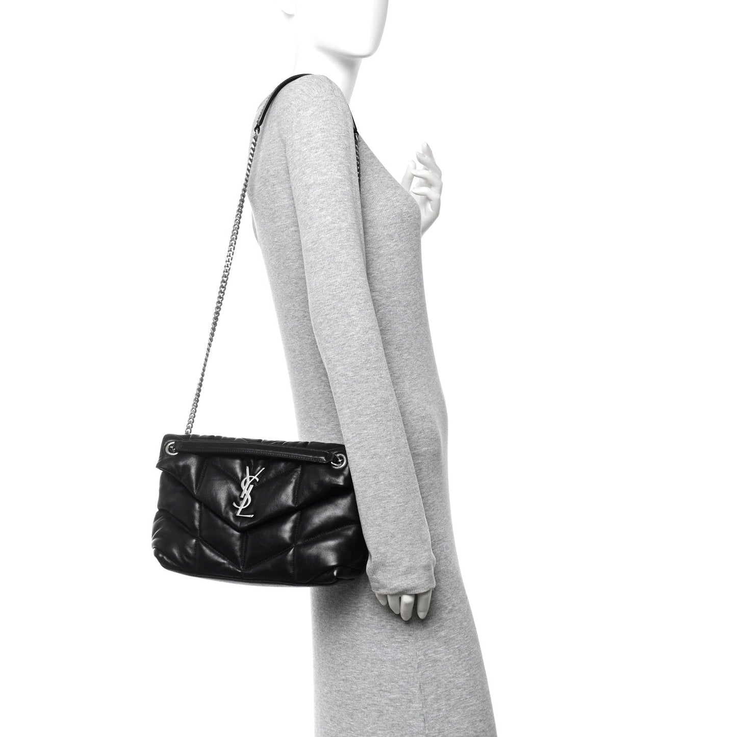 Black quilted puffer small satchel on shoulder, chain strap and front YSL logo hardware.
