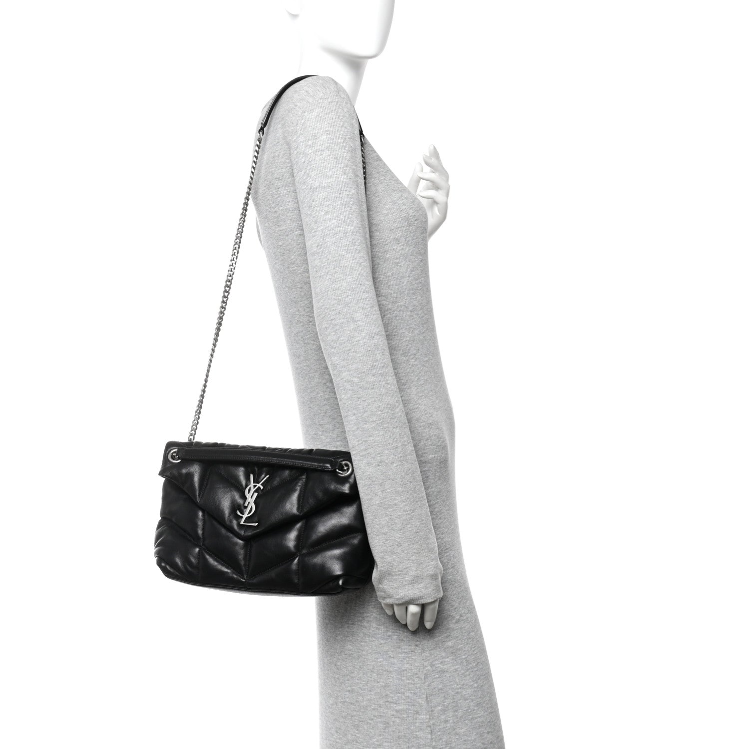 Black quilted puffer small satchel on shoulder, chain strap and front YSL logo hardware.
