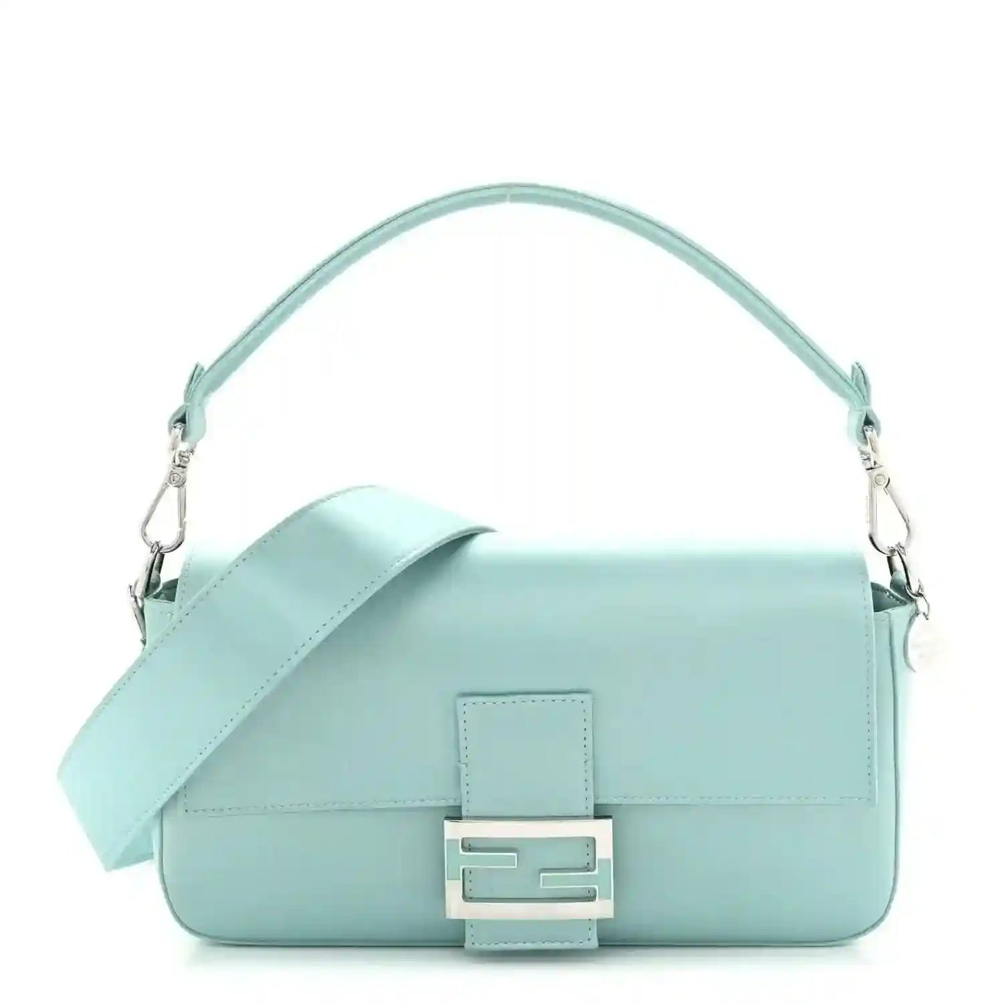Blue satin nappa baguette bag with top handle and front clasp hardware