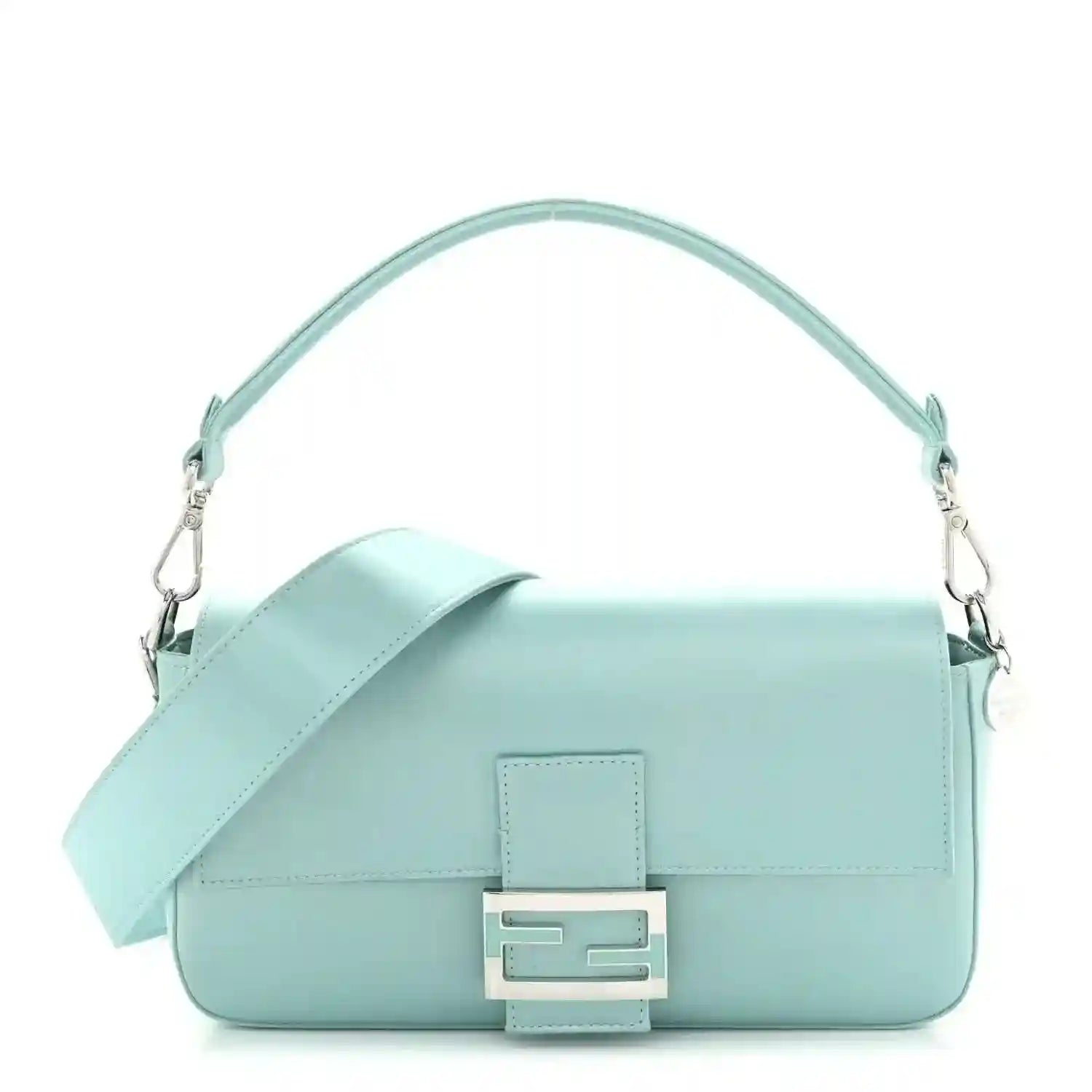Blue satin nappa baguette bag with top handle and front clasp hardware