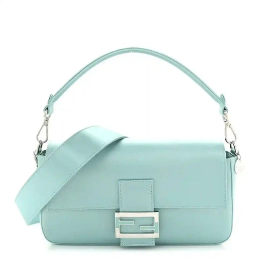 Blue satin nappa baguette bag with top handle and front clasp hardware