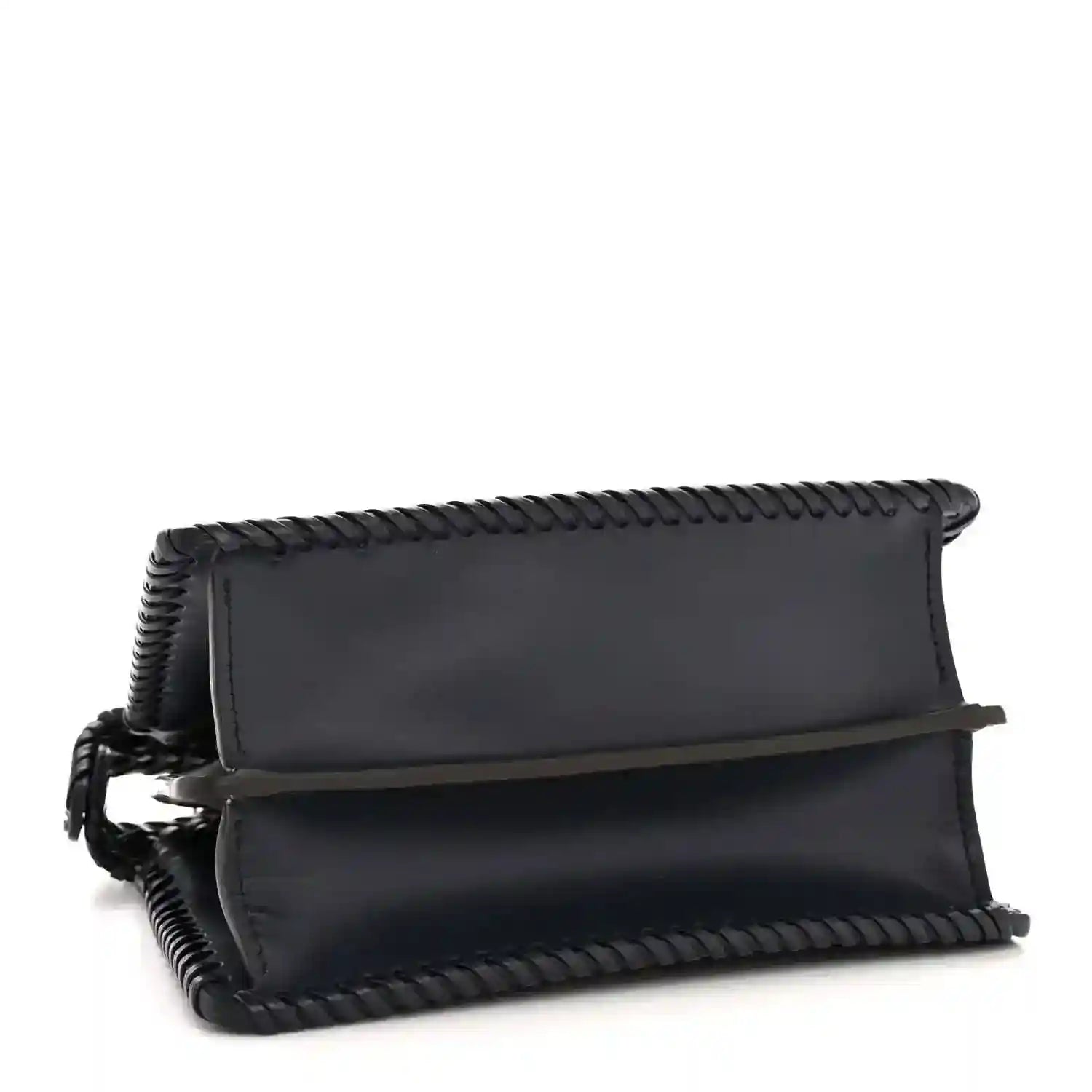 Midnight blue leather petite satchel with flap top and braided edge detail