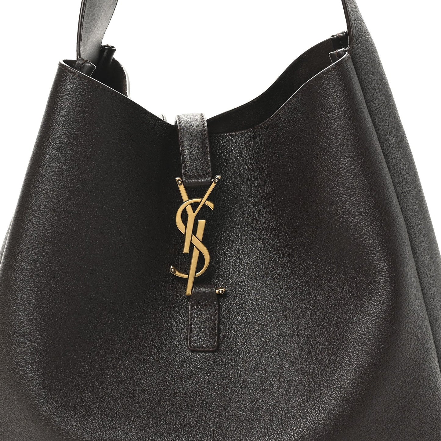 Top closure with gold YSL logo charm on dark leather hobo bag