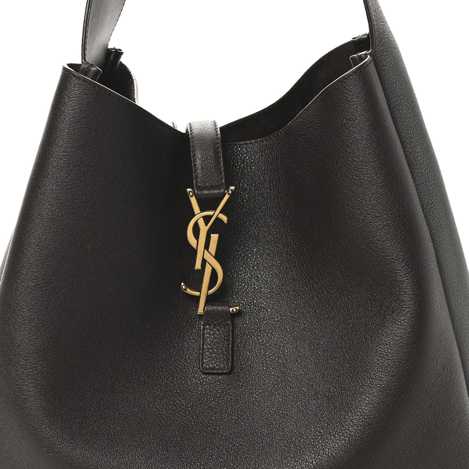 Top closure with gold YSL logo charm on dark leather hobo bag