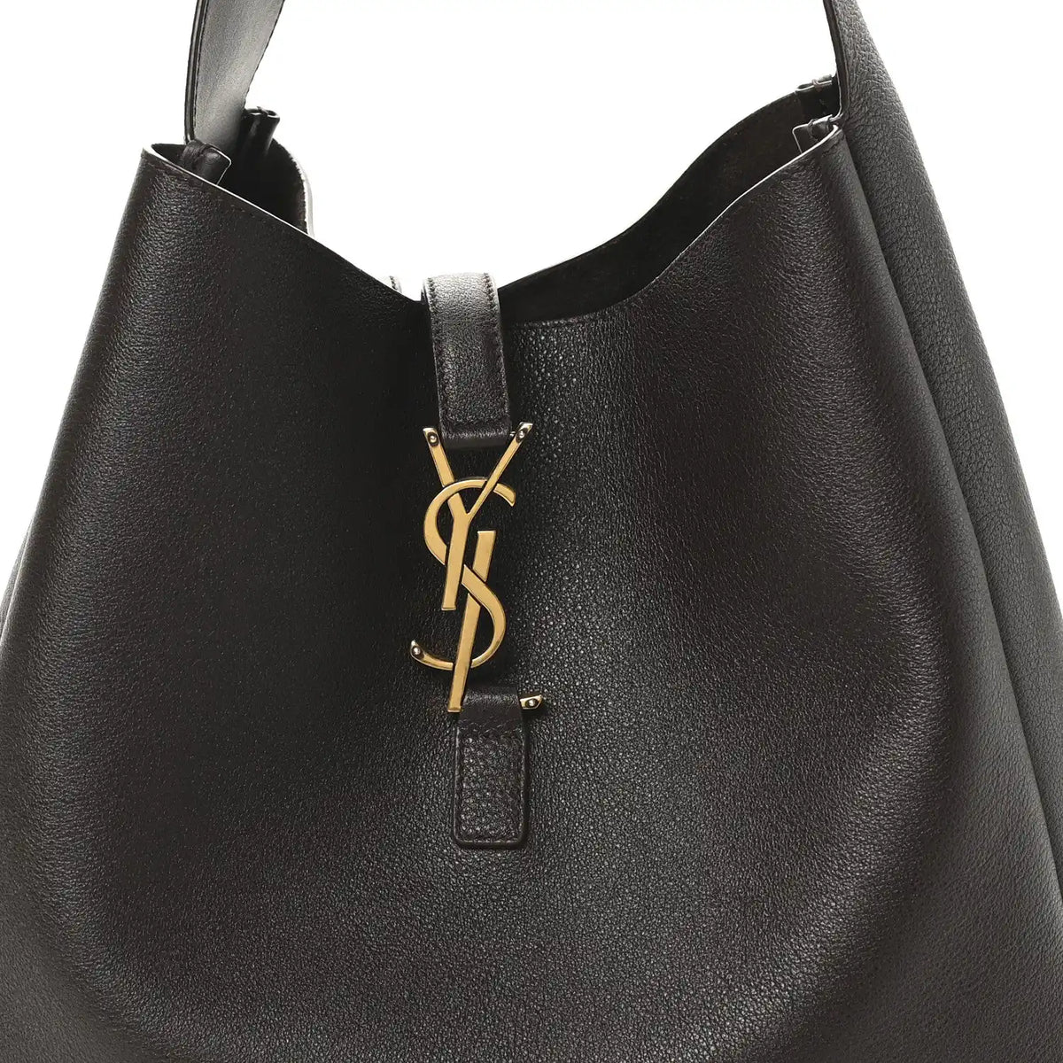 Top closure with gold YSL logo charm on dark leather hobo bag