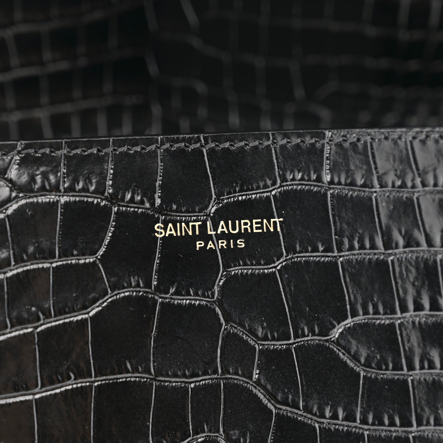 Crocodile-embossed black leather with SAINT LAURENT PARIS branding