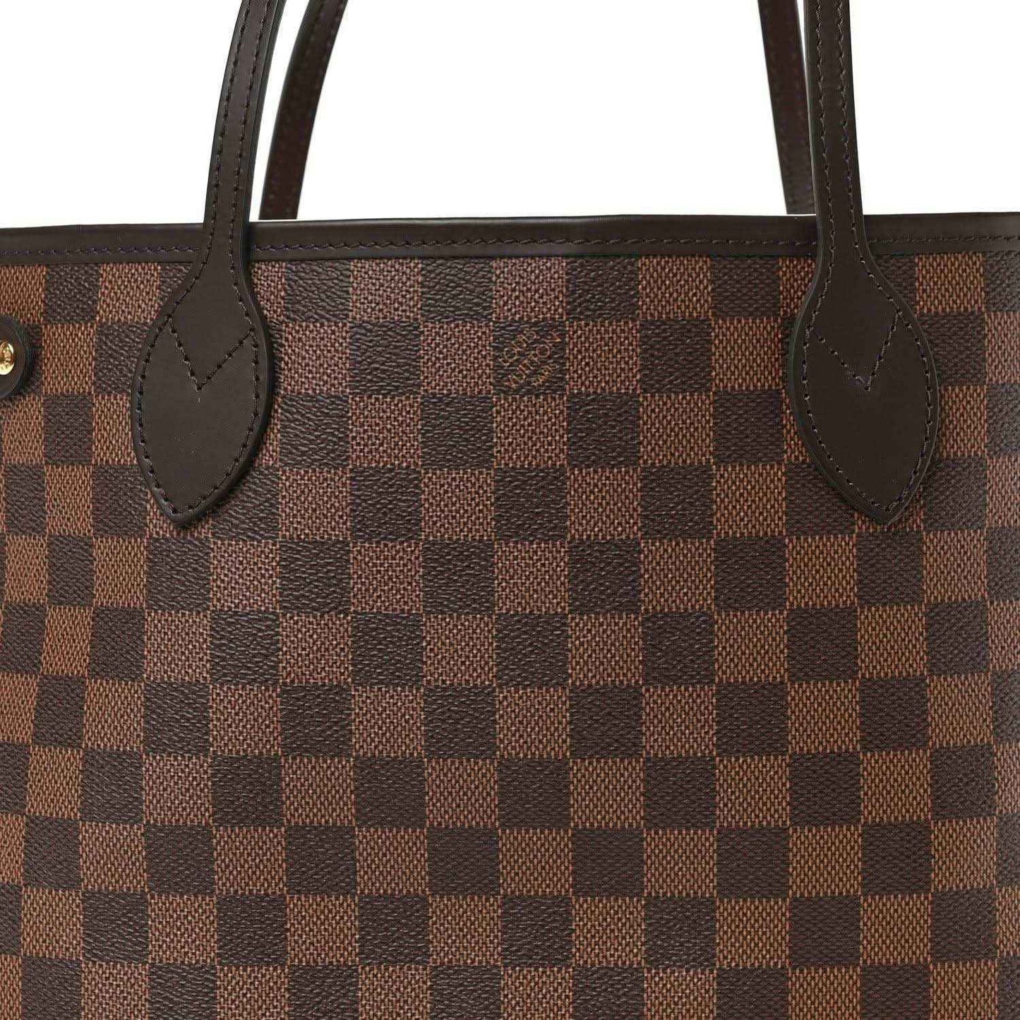 Louis Vuitton Damier Ebene Neverfull PM tote bag front with leather corner patches and studs