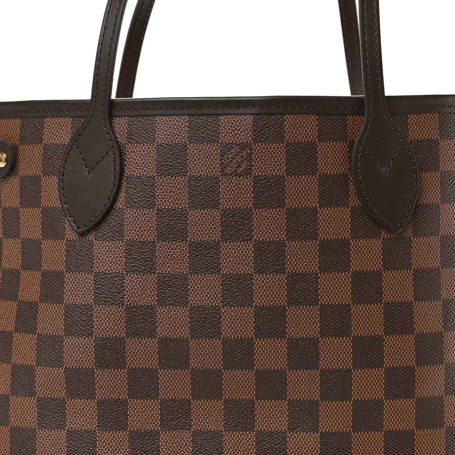 Louis Vuitton Damier Ebene Neverfull PM tote bag front with leather corner patches and studs
