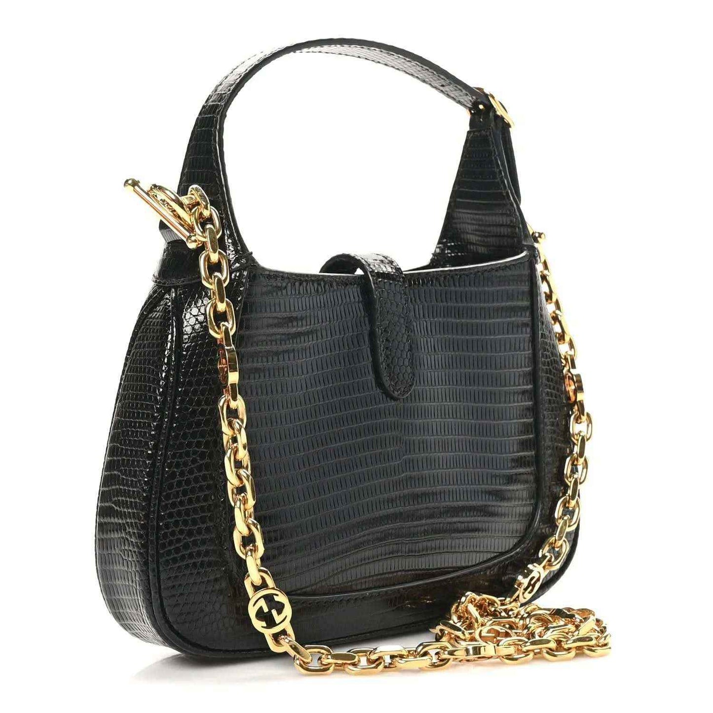 Gucci black lizard mini Jackie handbag with front flap and gold-tone chain crossbody strap.