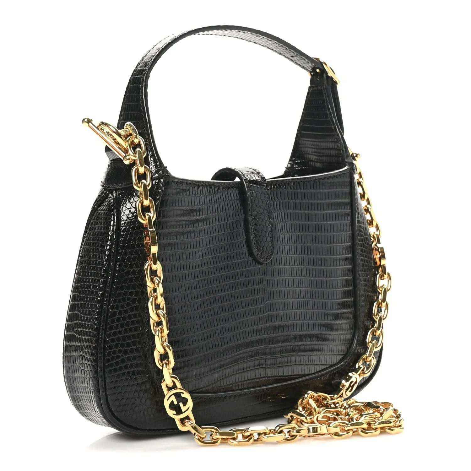 Gucci black lizard mini Jackie handbag with front flap and gold-tone chain crossbody strap.