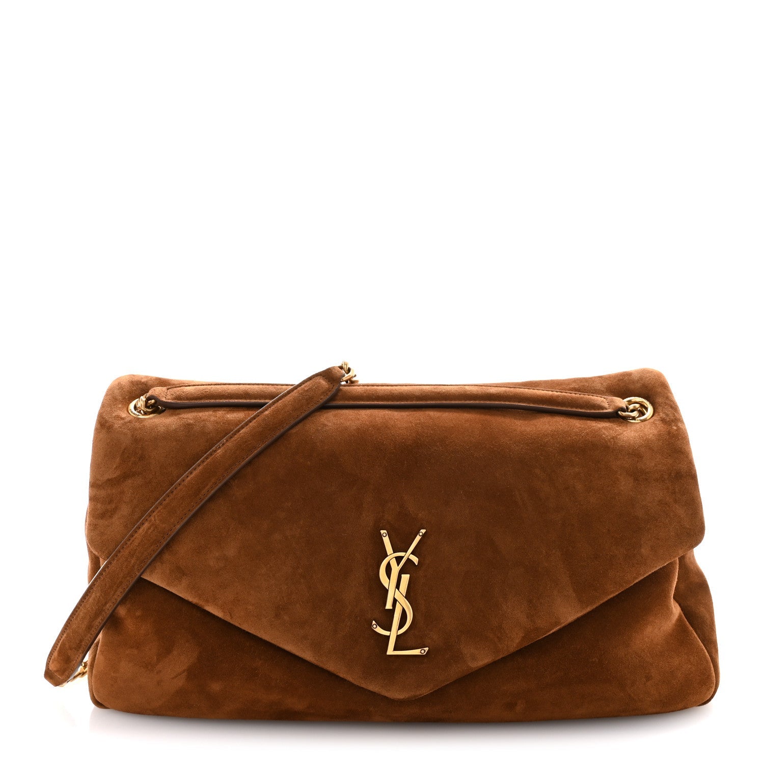 Saint Laurent suede shoulder bag in caramel cognac with flap and YSL logo.