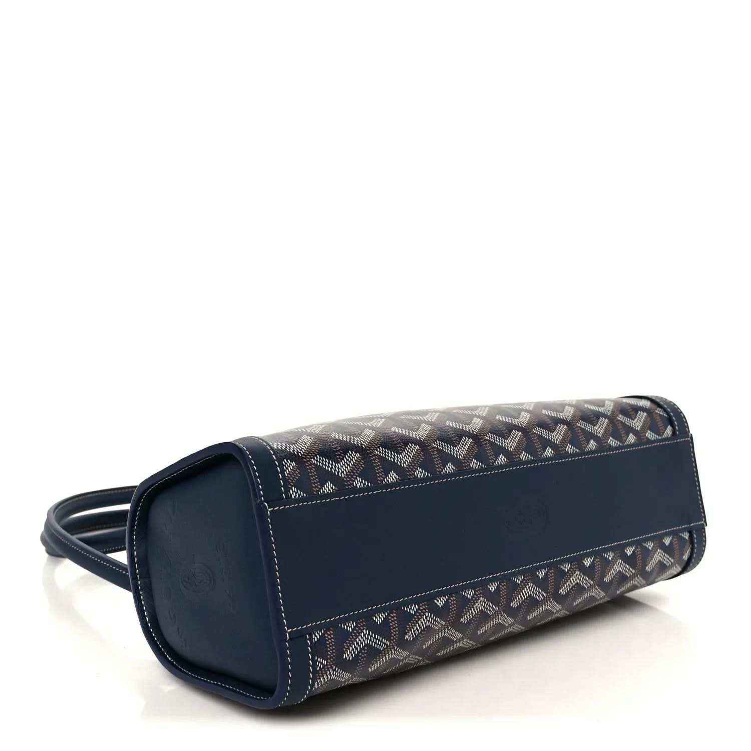Navy and brown patterned coated canvas Goyardine Bonbonniere bag with handle strap