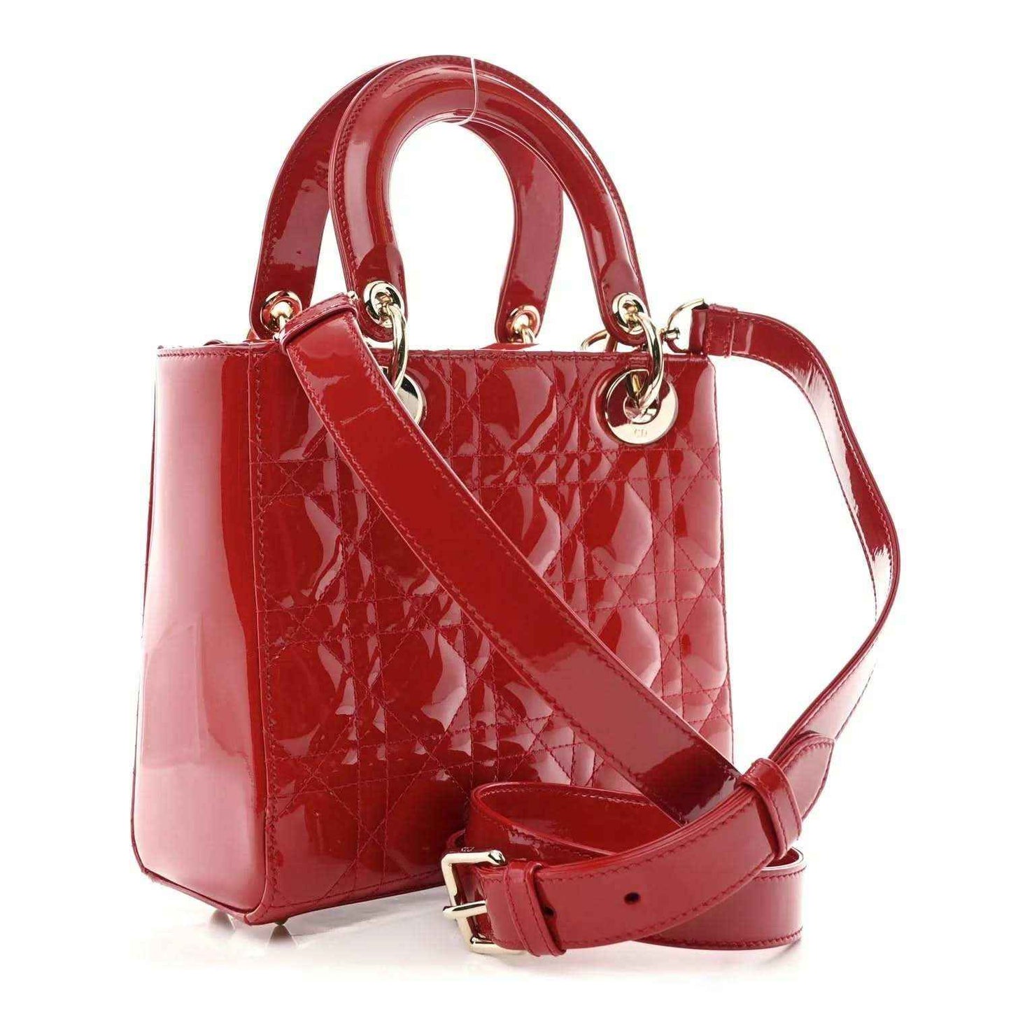 Christian Dior small red patent quilted handbag, top handles and long shoulder strap