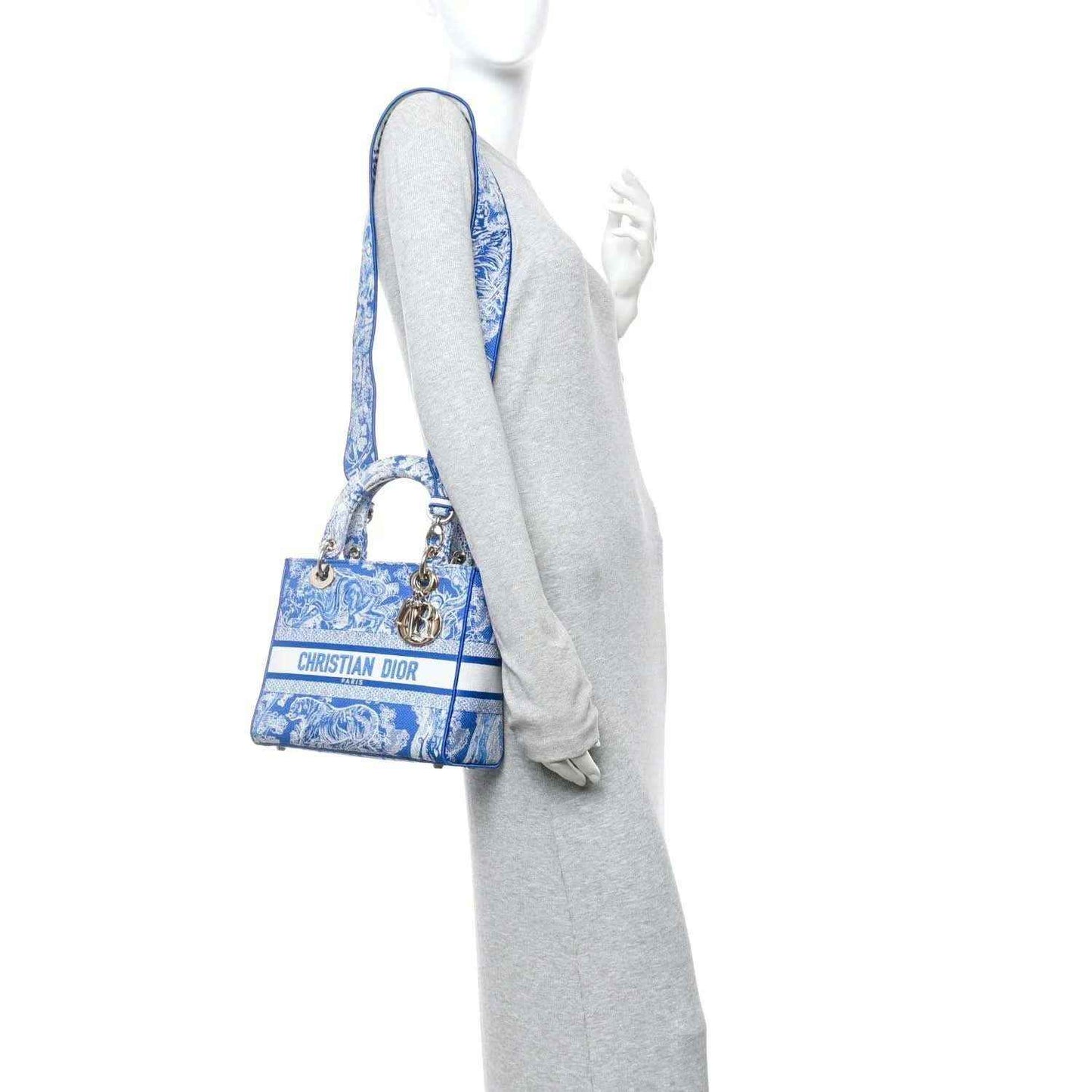 Christian Dior blue toile handbag shown on model with short handles and shoulder strap