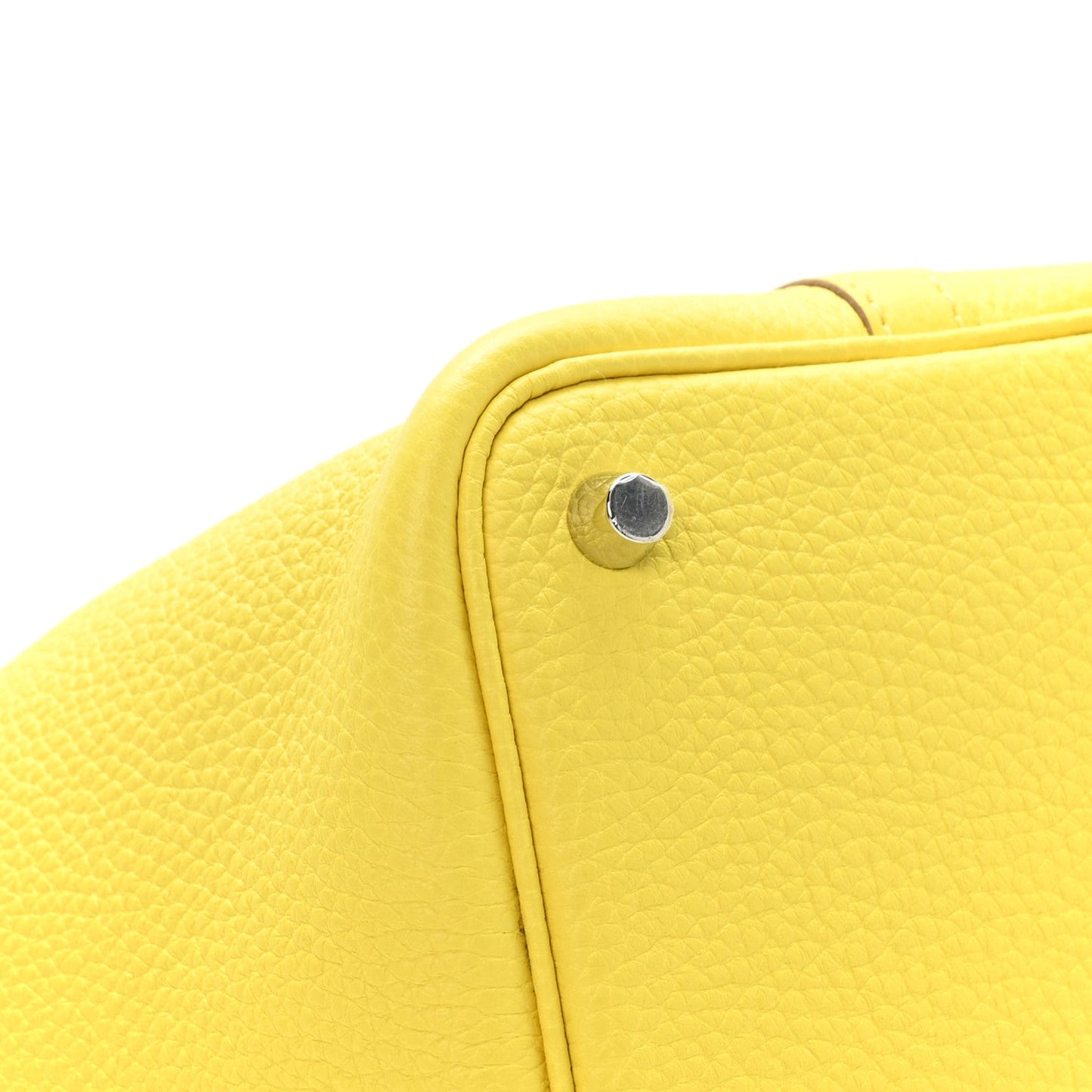 Lime yellow textured leather tote lock stud detail