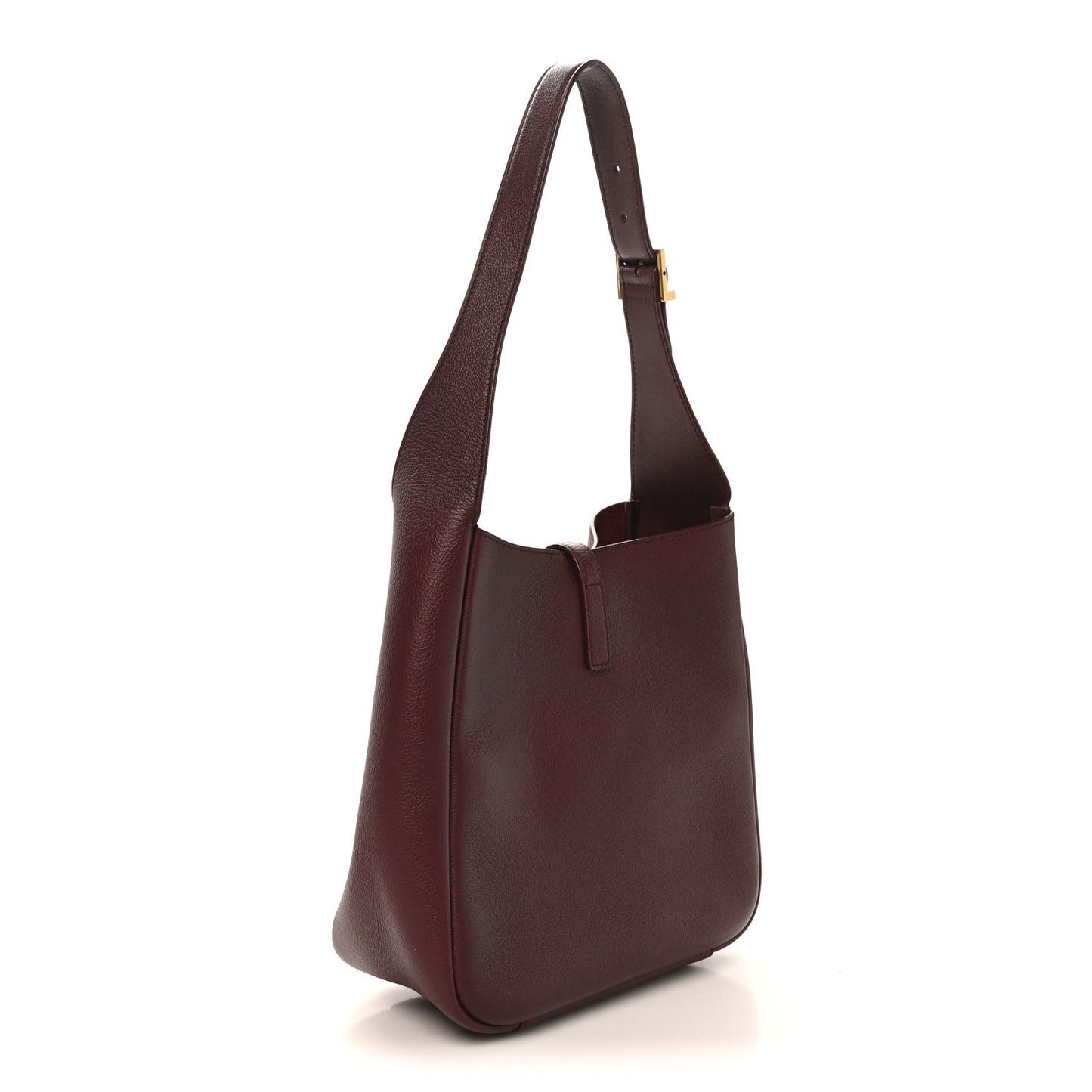 Burgundy leather shoulder bag with wide straps and structured rounded base