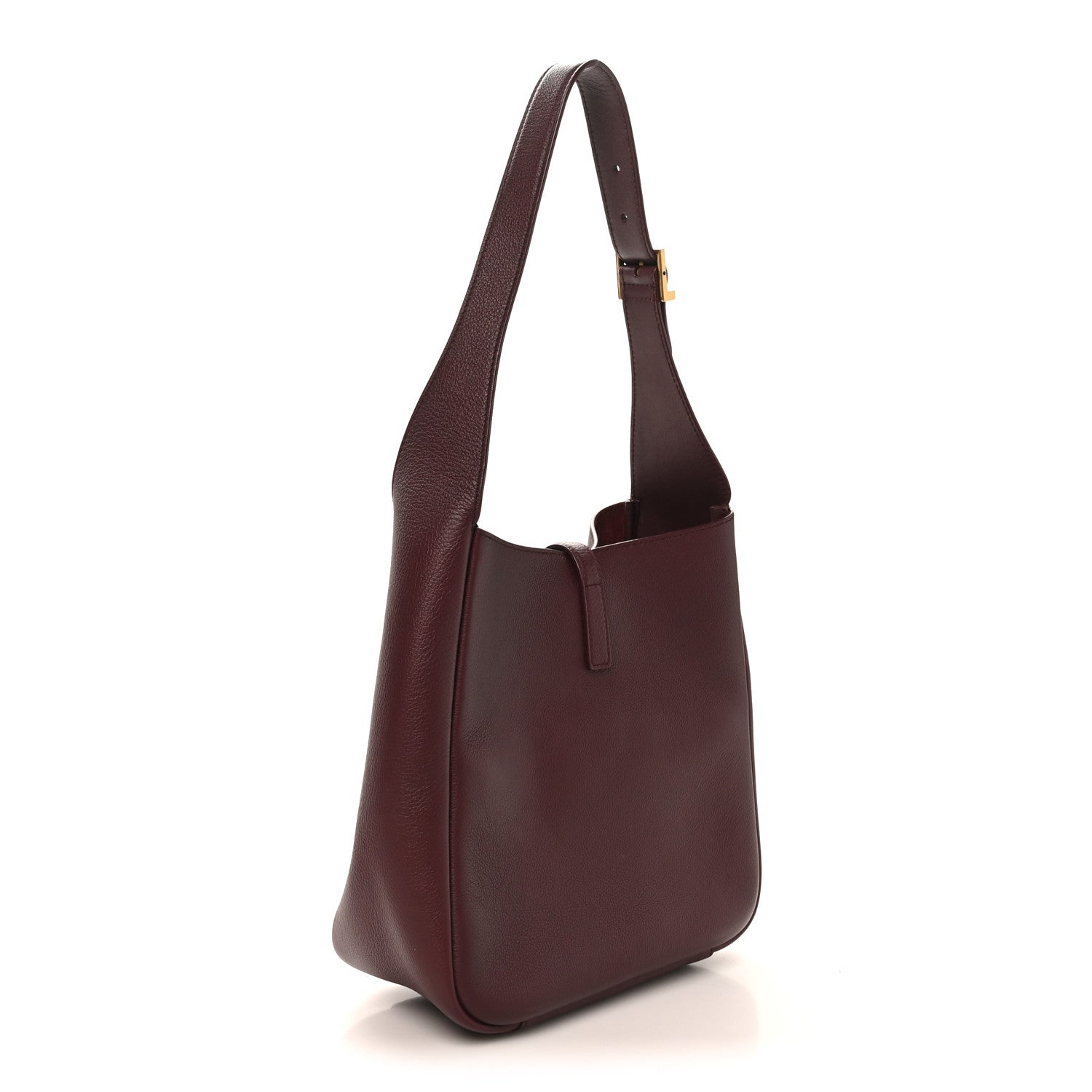 Burgundy leather shoulder bag with wide straps and structured rounded base