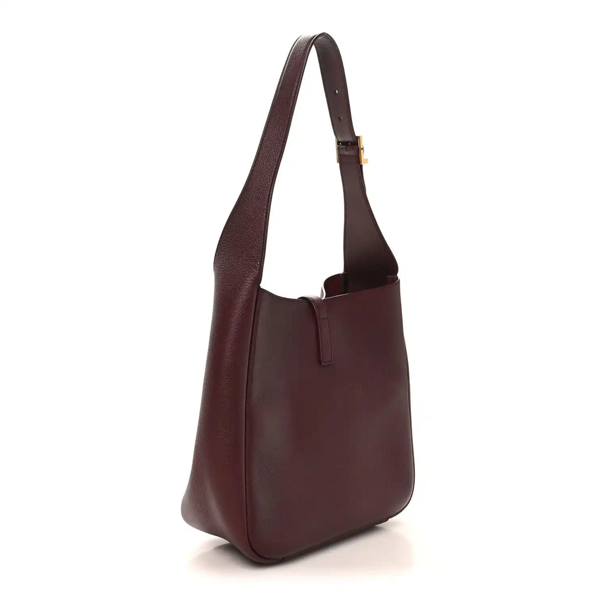 Burgundy leather shoulder bag with wide straps and structured rounded base