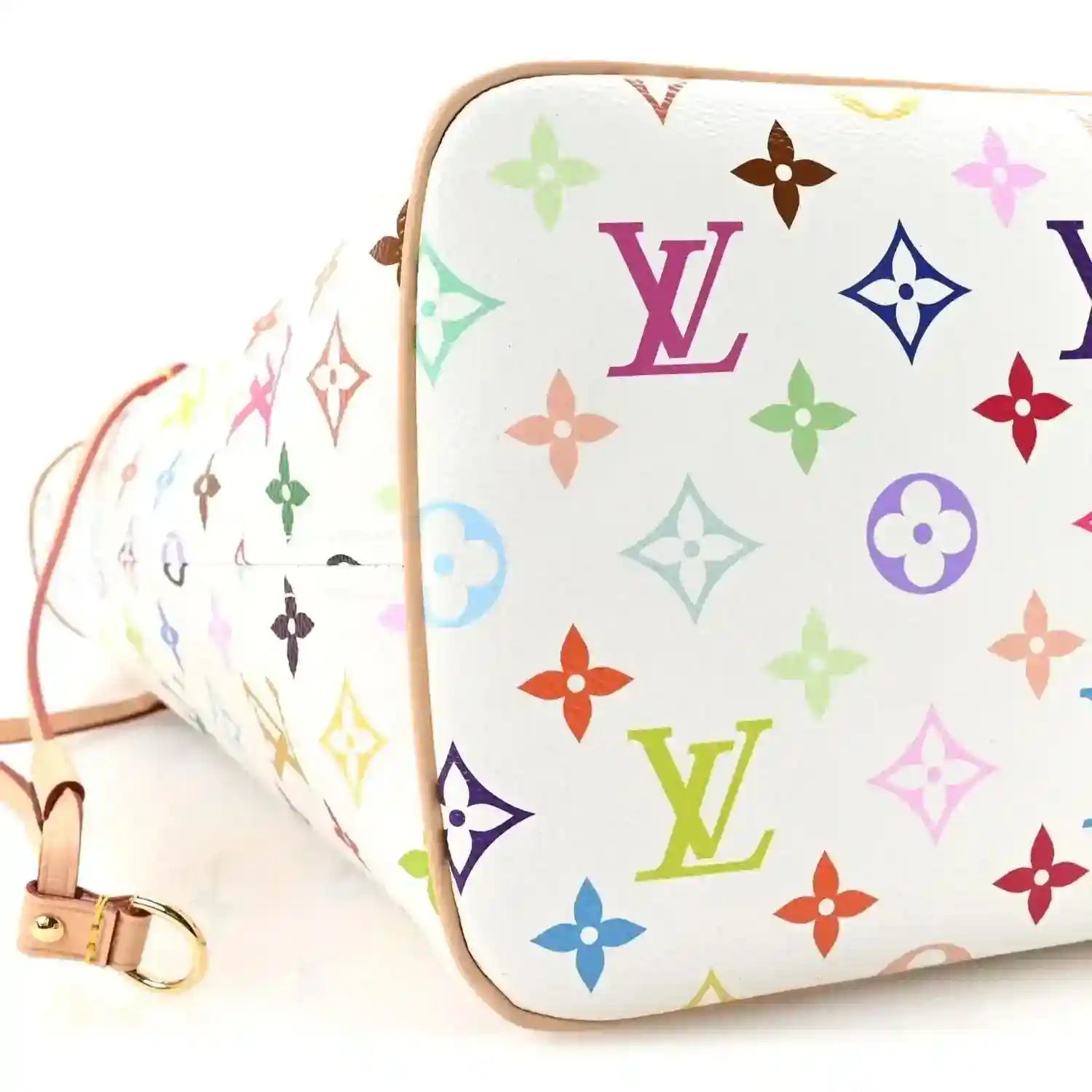 White multicolor monogram pouch end with tan piping and strap attachment