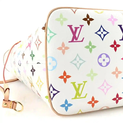White multicolor monogram pouch end with tan piping and strap attachment
