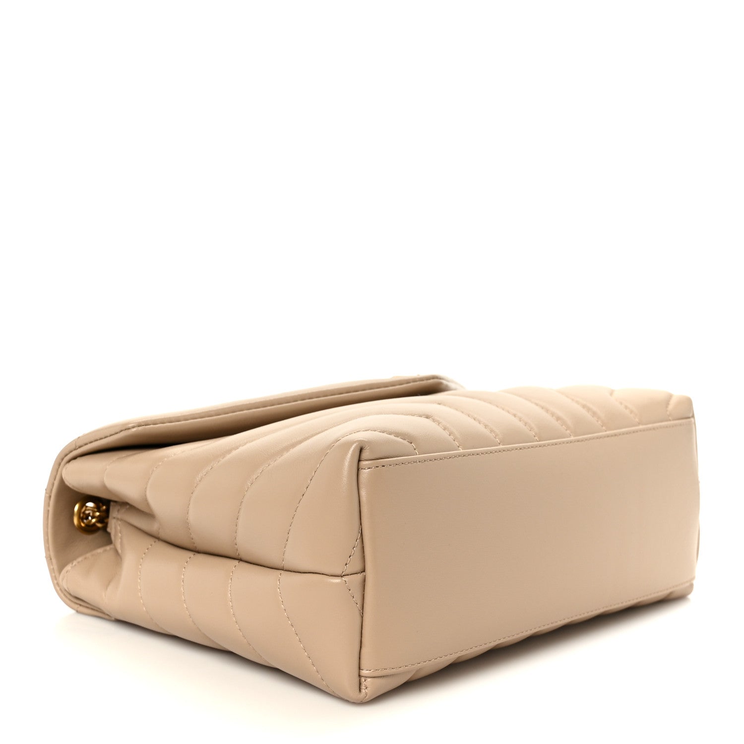 Dark beige quilted leather satchel with folded top and gold chain details