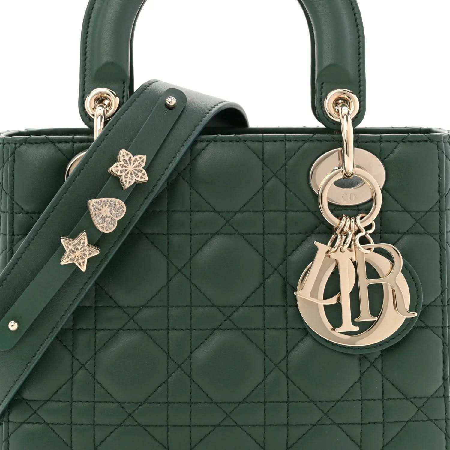 Green quilted lambskin Lady Dior bag with star charm strap and Dior keyring