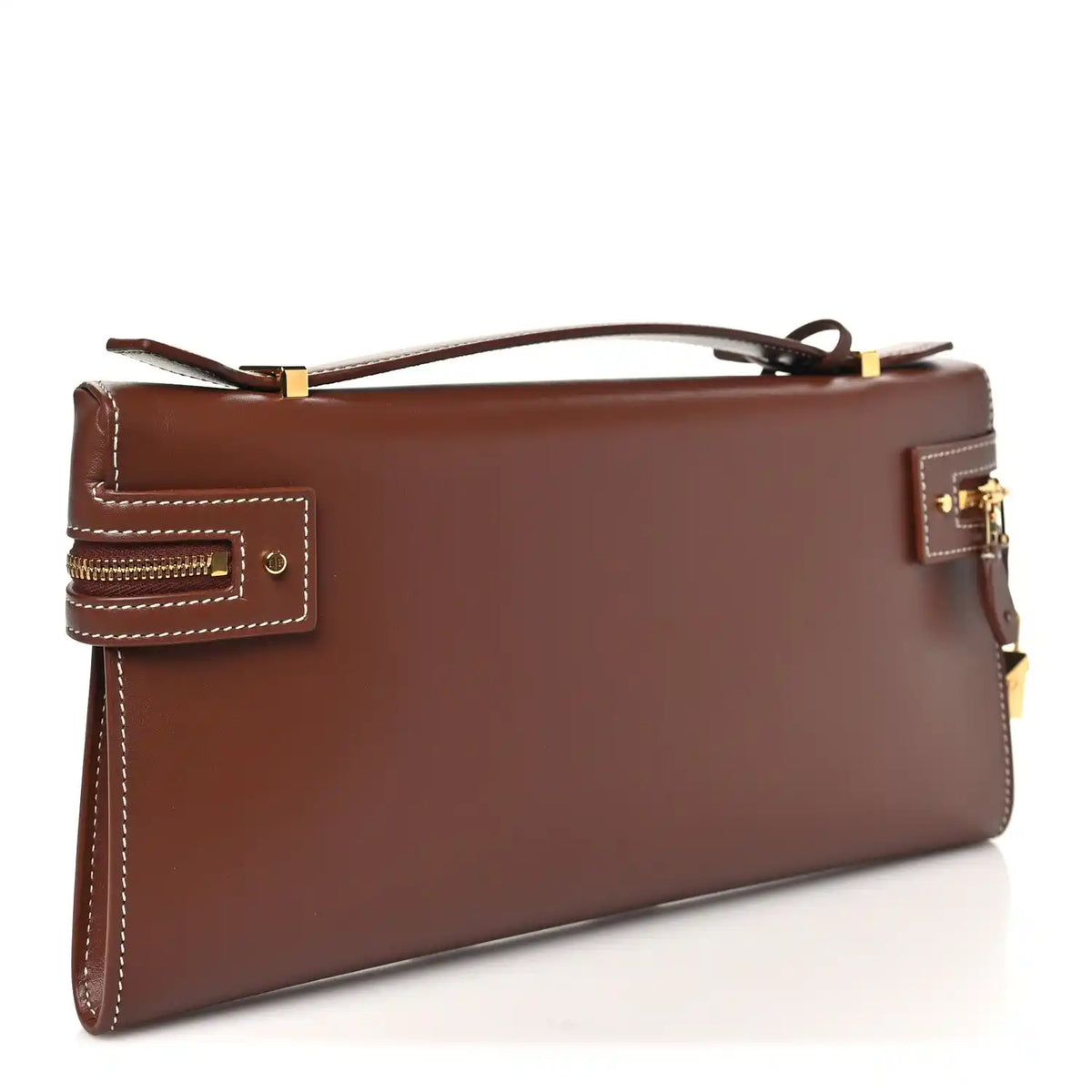 Loro Piana smooth calfskin clutch in burnt tan with stitched panels and side pocket