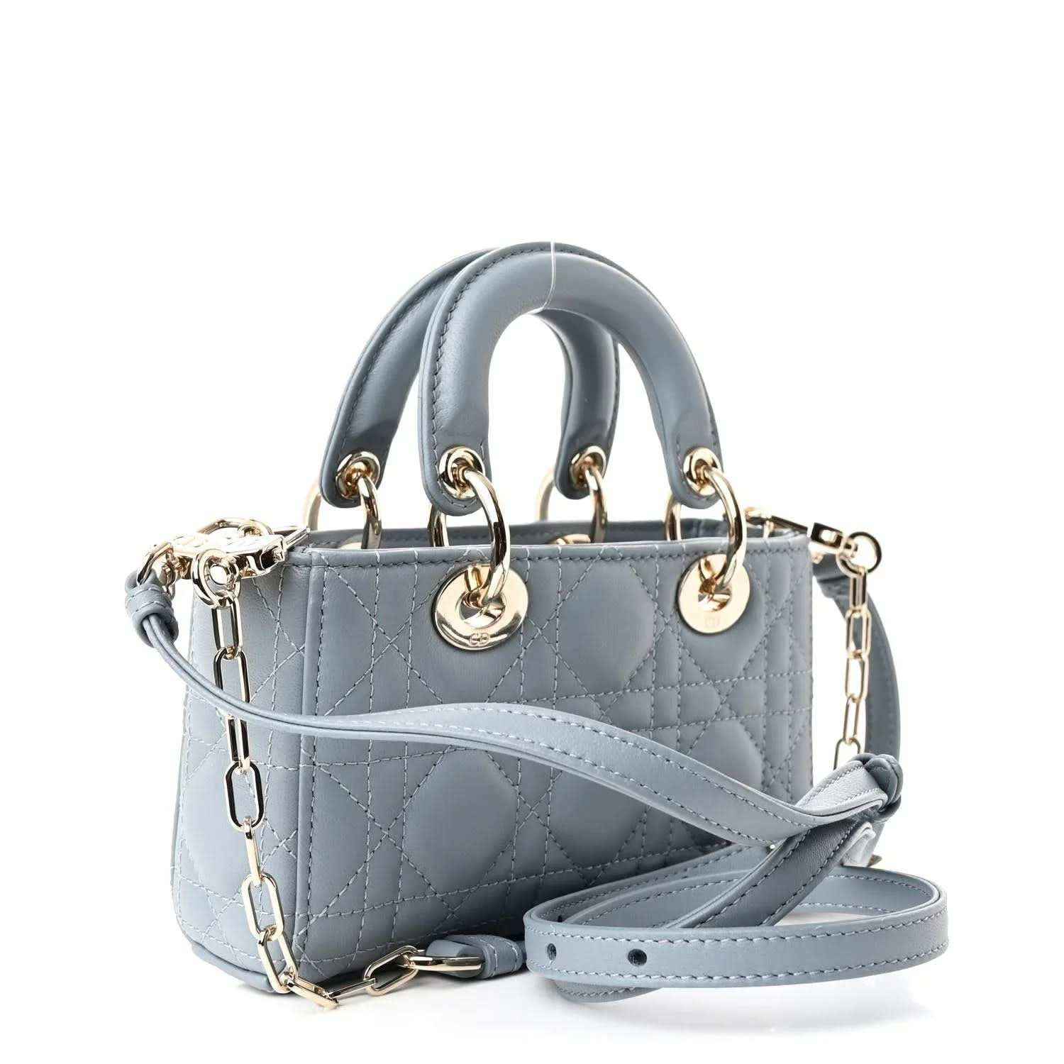 Micro Lady D-Joy bag in light blue with cannage quilting, dual straps, gold-tone hardware