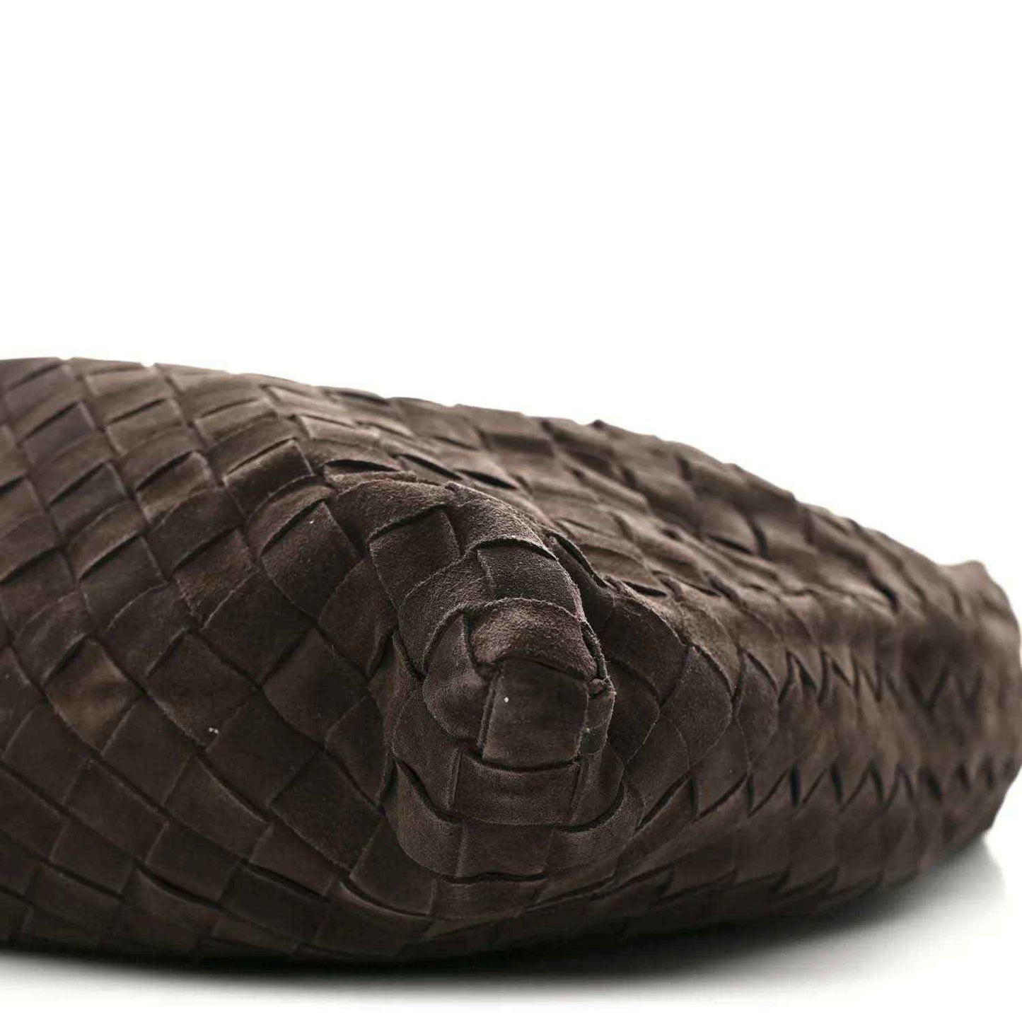 Suede intrecciato hobo bag side panel detail with woven pattern, dark brown