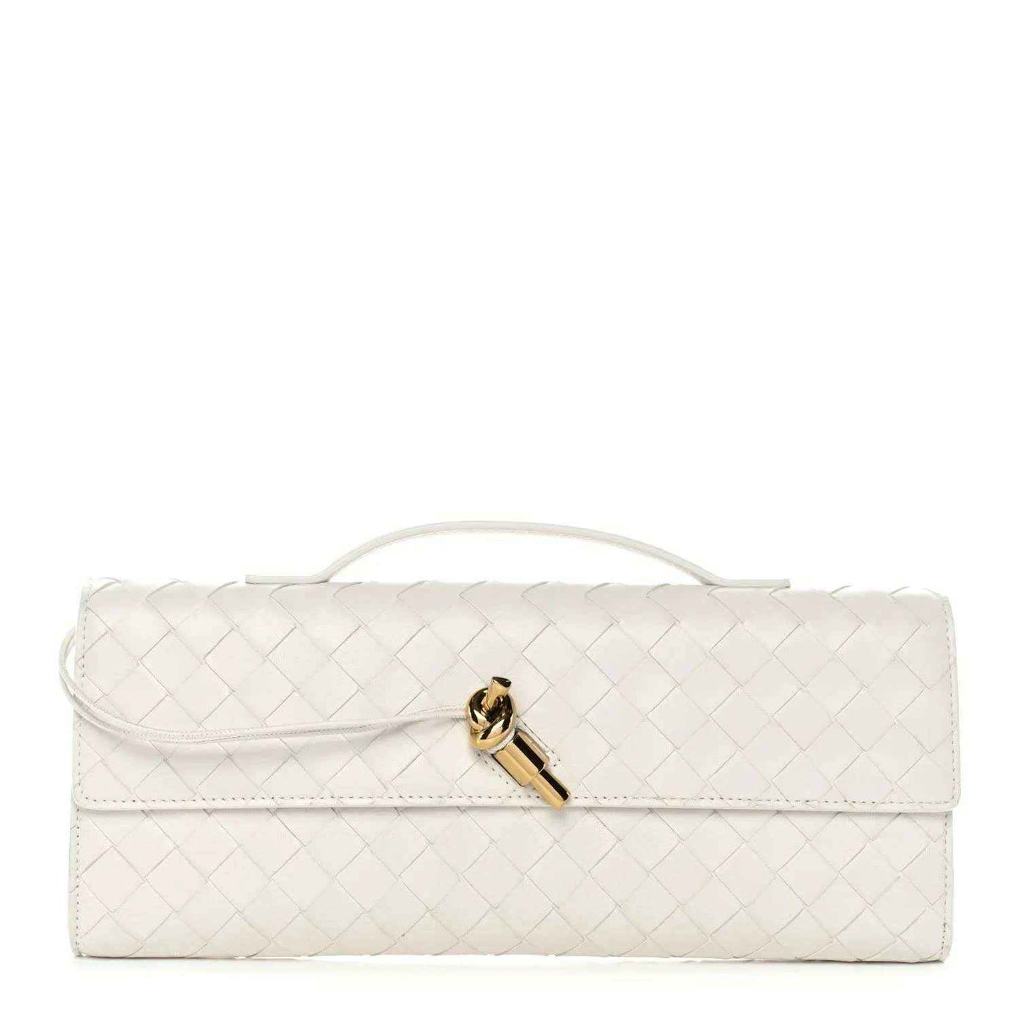 White intrecciato nappa top-handle clutch with front flap and gold-tone clasp