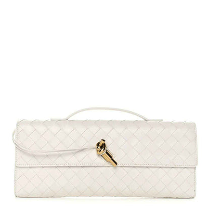 White intrecciato nappa top-handle clutch with front flap and gold-tone clasp