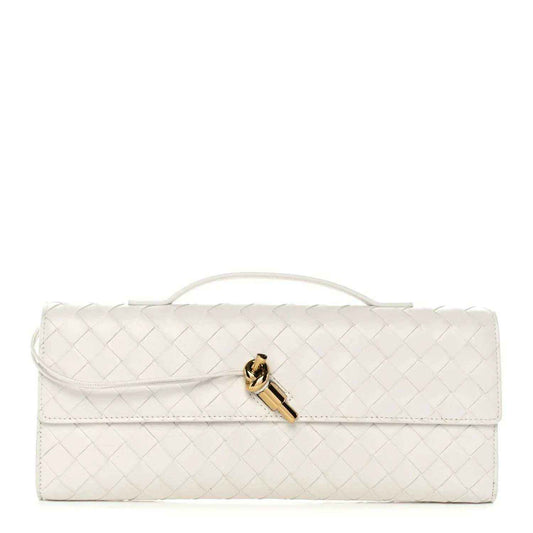 White intrecciato nappa top-handle clutch with front flap and gold-tone clasp